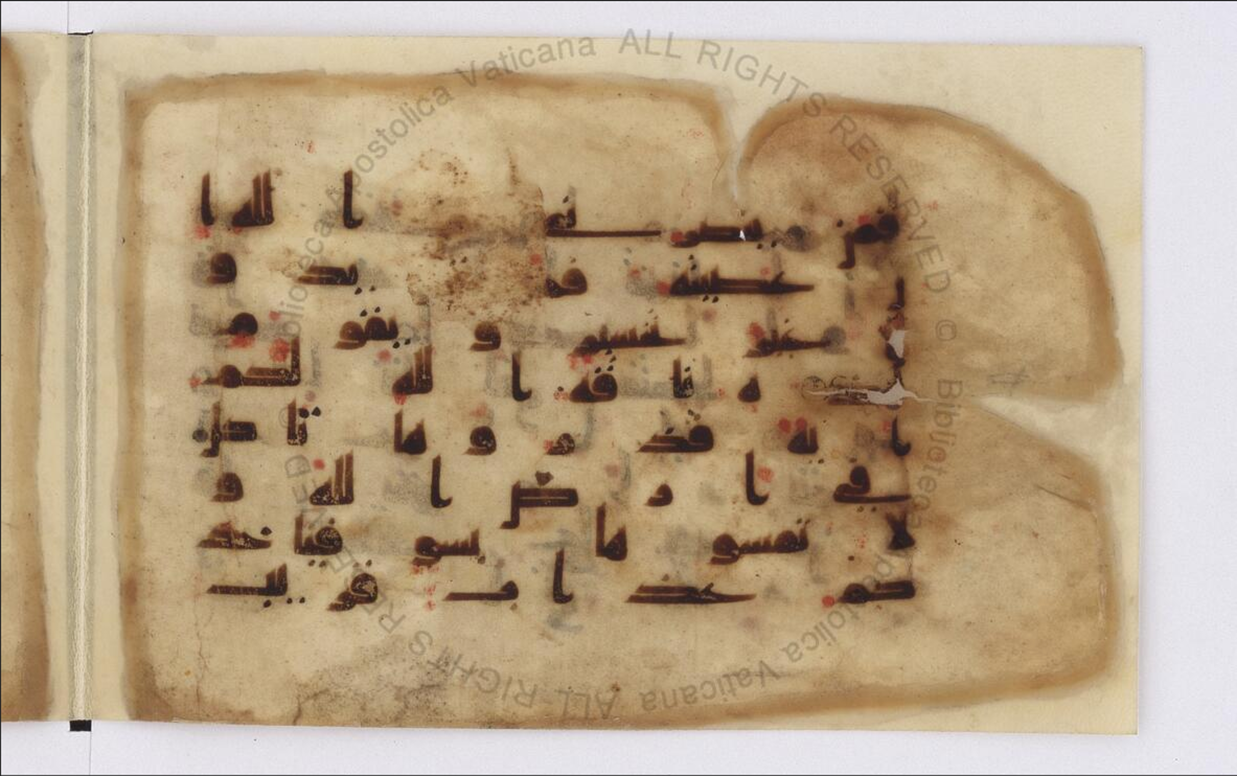 Paris, Bibliothèque nationale de France, Arabe 324 (c) (Scan 4), in Kufic C (Graphie C I a) script, showing Surah 11:63 from 8th Century AD found in Fustat (Old Cairo), Egypt, currently housed at Bibliothèque nationale de France, Paris