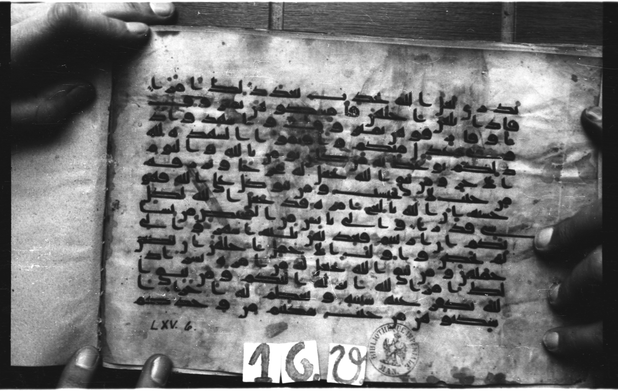 Paris, Bibliothèque nationale de France, Arabe 326 (c) (Scan 1), in Kūfī C.III script, showing Surah 65:3 from 8th to 9th Century AD found in Fustat (Old Cairo), Egypt, currently housed at Bibliothèque nationale de France, Paris