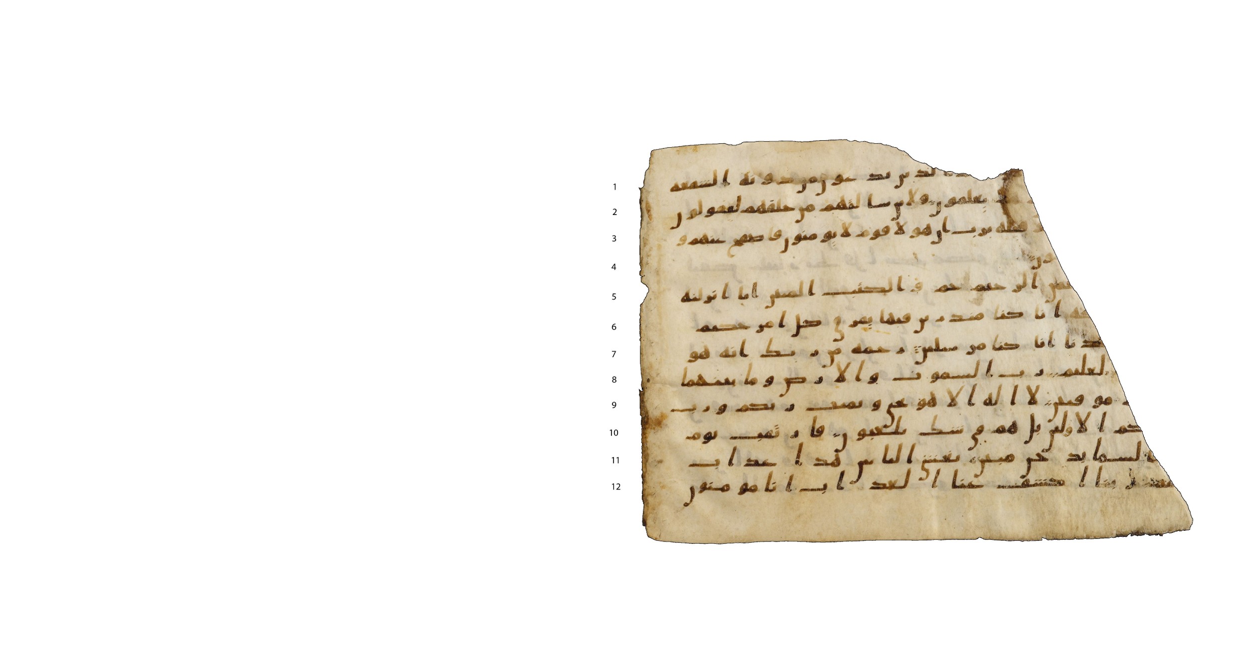Codex Amrensis 1, in Ḥiǧāzī I script, showing Surah 44:2 from Early to Mid 8th Century AD found in Fustat (Old Cairo), Egypt, currently housed at Bibliothèque nationale de France, Paris