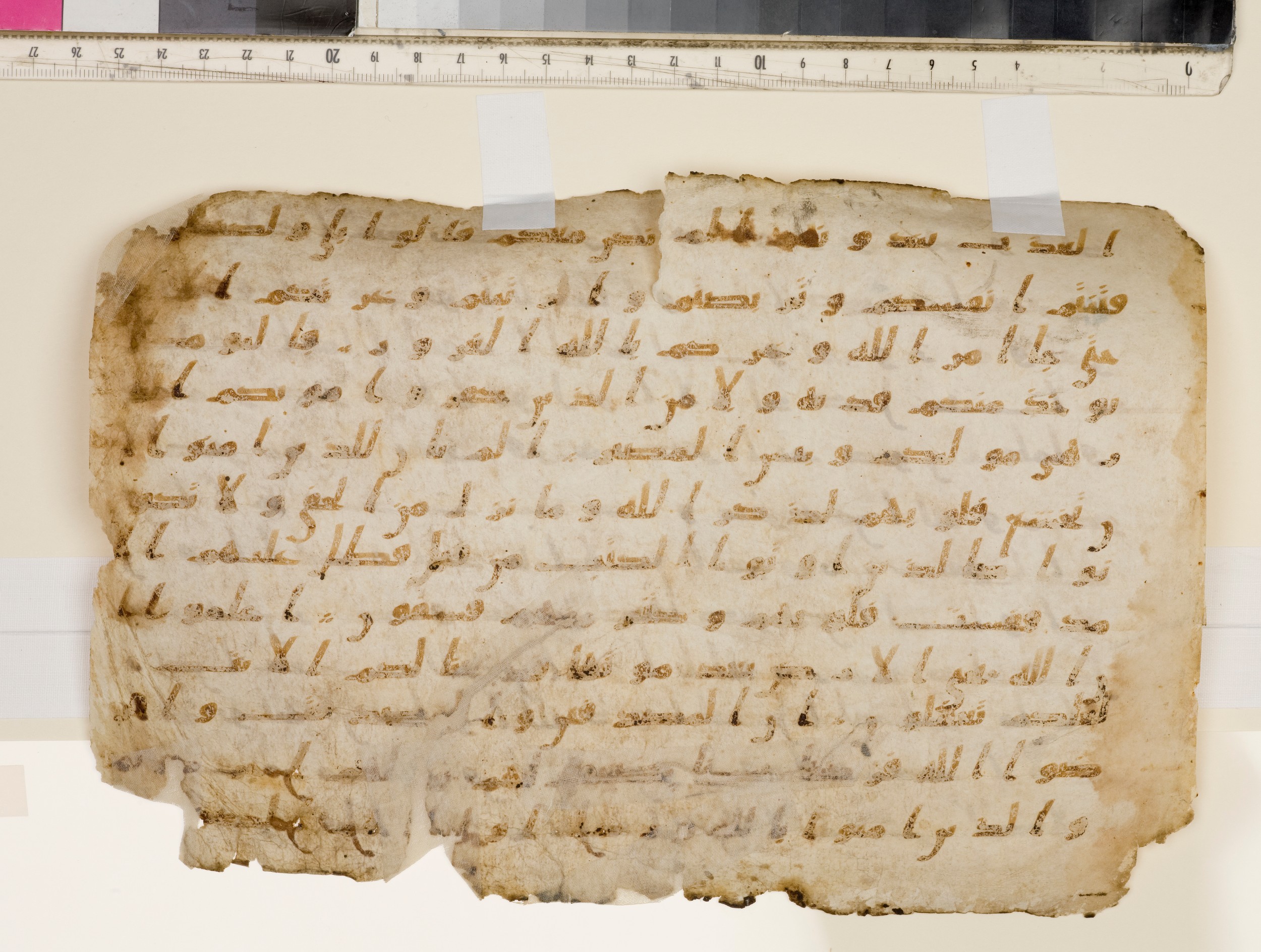 Codex Amrensis 1, in Ḥiǧāzī I script, showing Surah 57:13 from Early to Mid 8th Century AD found in Fustat (Old Cairo), Egypt, currently housed at Bibliothèque nationale de France, Paris