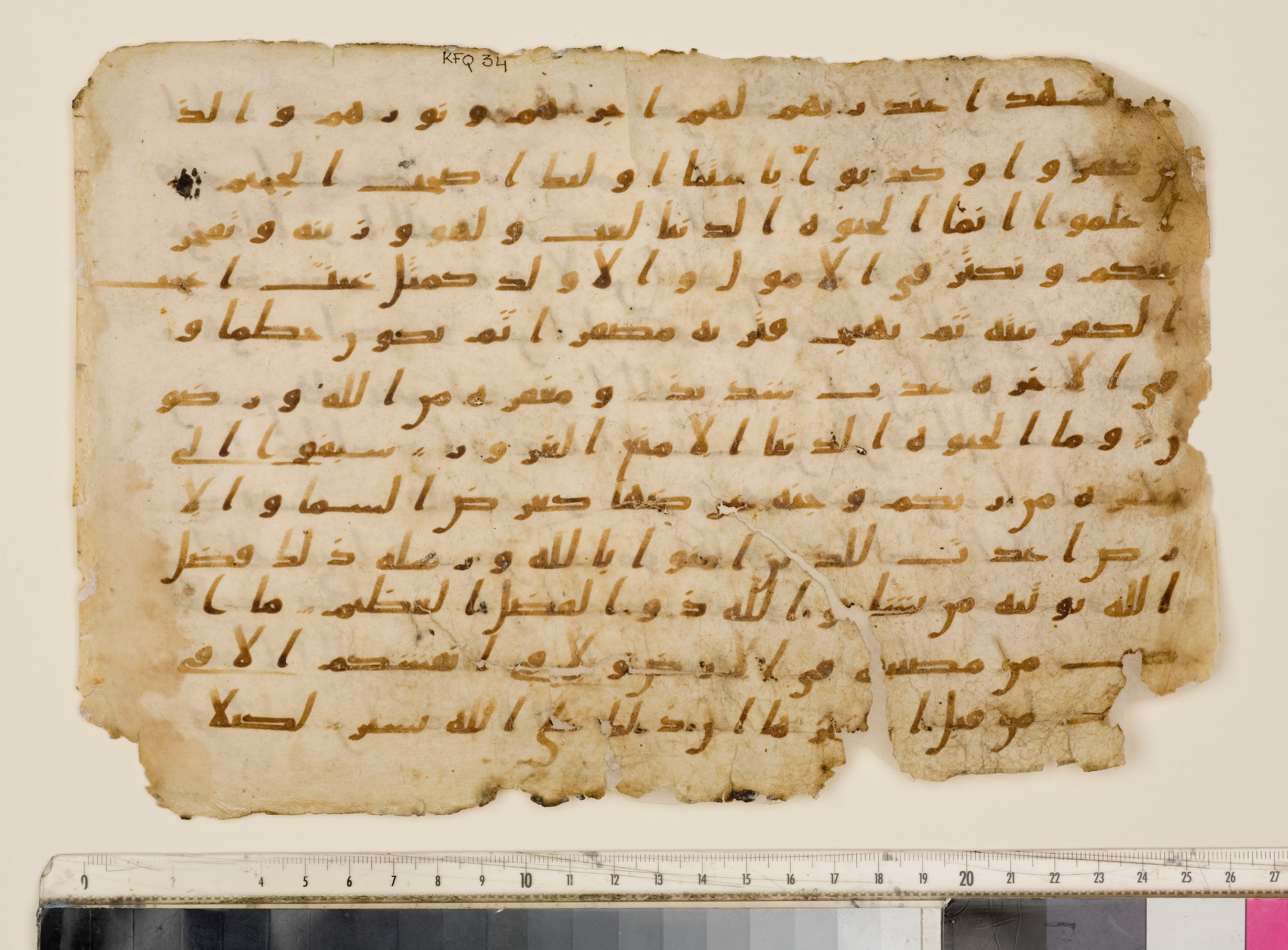 Codex Amrensis 1, in Ḥiǧāzī I script, showing Surah 57:21 from Early to Mid 8th Century AD found in Fustat (Old Cairo), Egypt, currently housed at Bibliothèque nationale de France, Paris