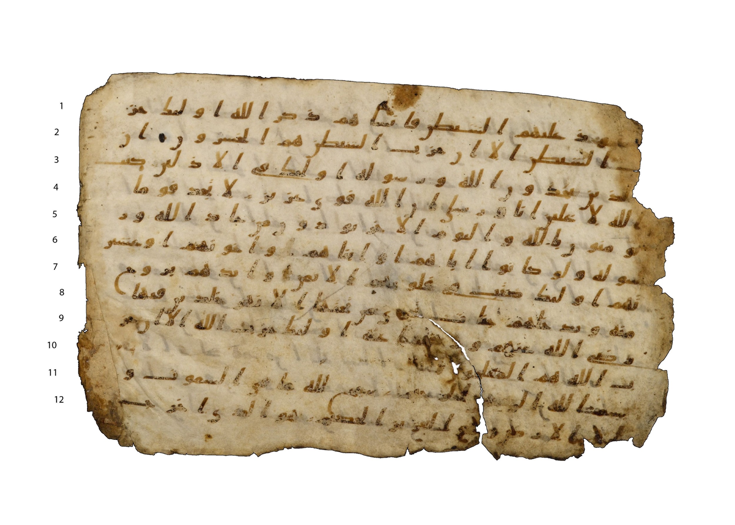 Codex Amrensis 1, in Ḥiǧāzī I script, showing Surah 58:22 from Early to Mid 8th Century AD found in Fustat (Old Cairo), Egypt, currently housed at Bibliothèque nationale de France, Paris