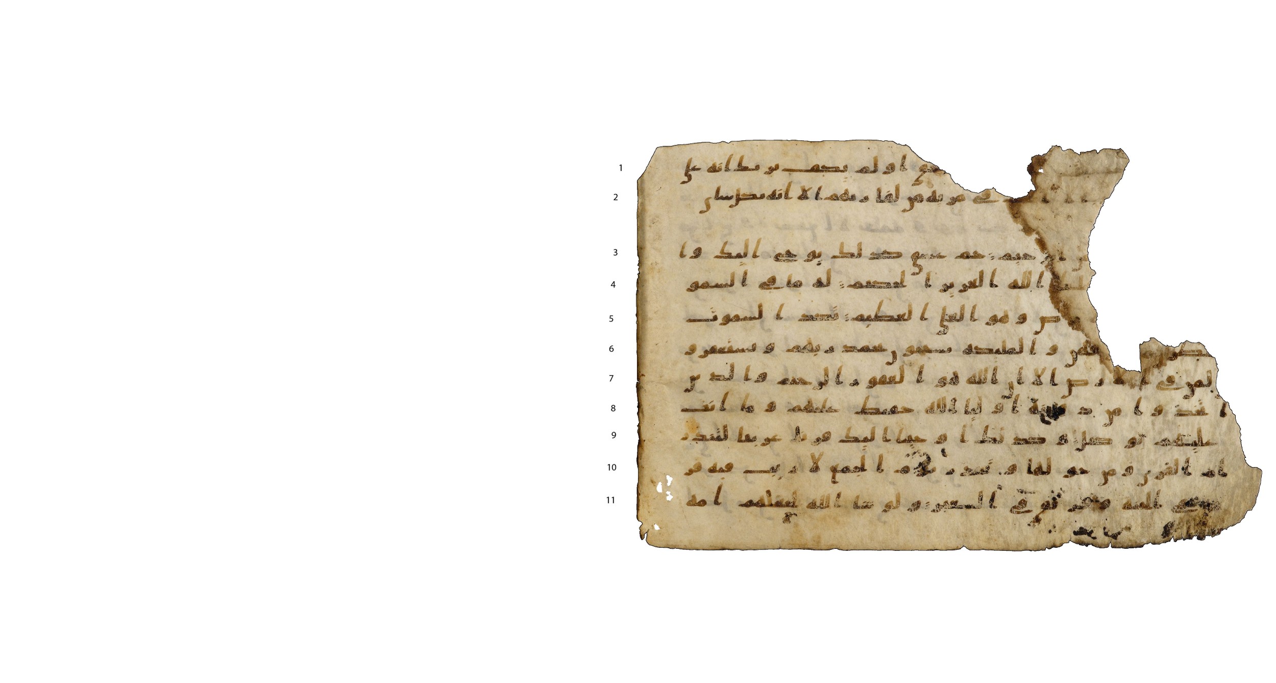 Codex Amrensis 1, in Ḥiǧāzī I script, showing Surah 42:2 from Early to Mid 8th Century AD found in Fustat (Old Cairo), Egypt, currently housed at Bibliothèque nationale de France, Paris