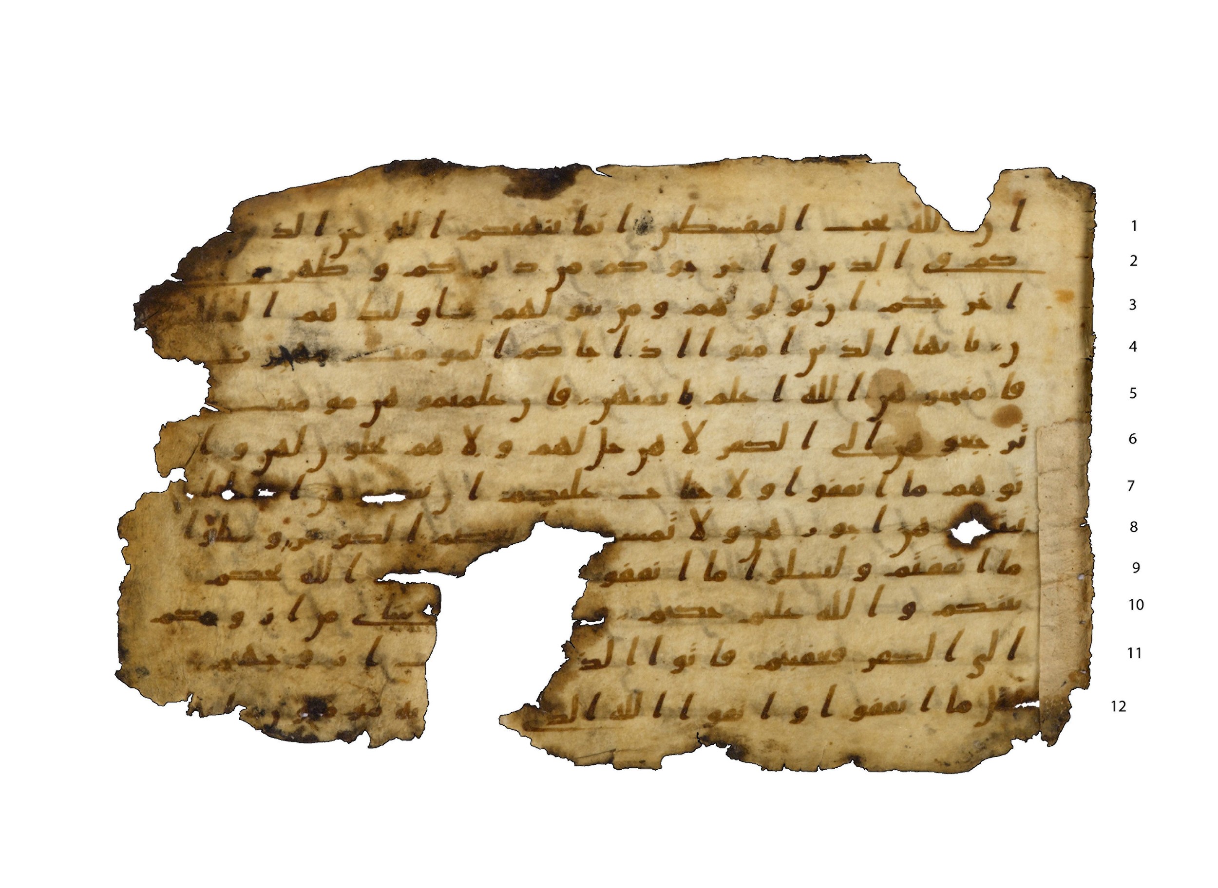 Codex Amrensis 1, in Ḥiǧāzī I script, showing Surah 60:10 from Early to Mid 8th Century AD found in Fustat (Old Cairo), Egypt, currently housed at Bibliothèque nationale de France, Paris