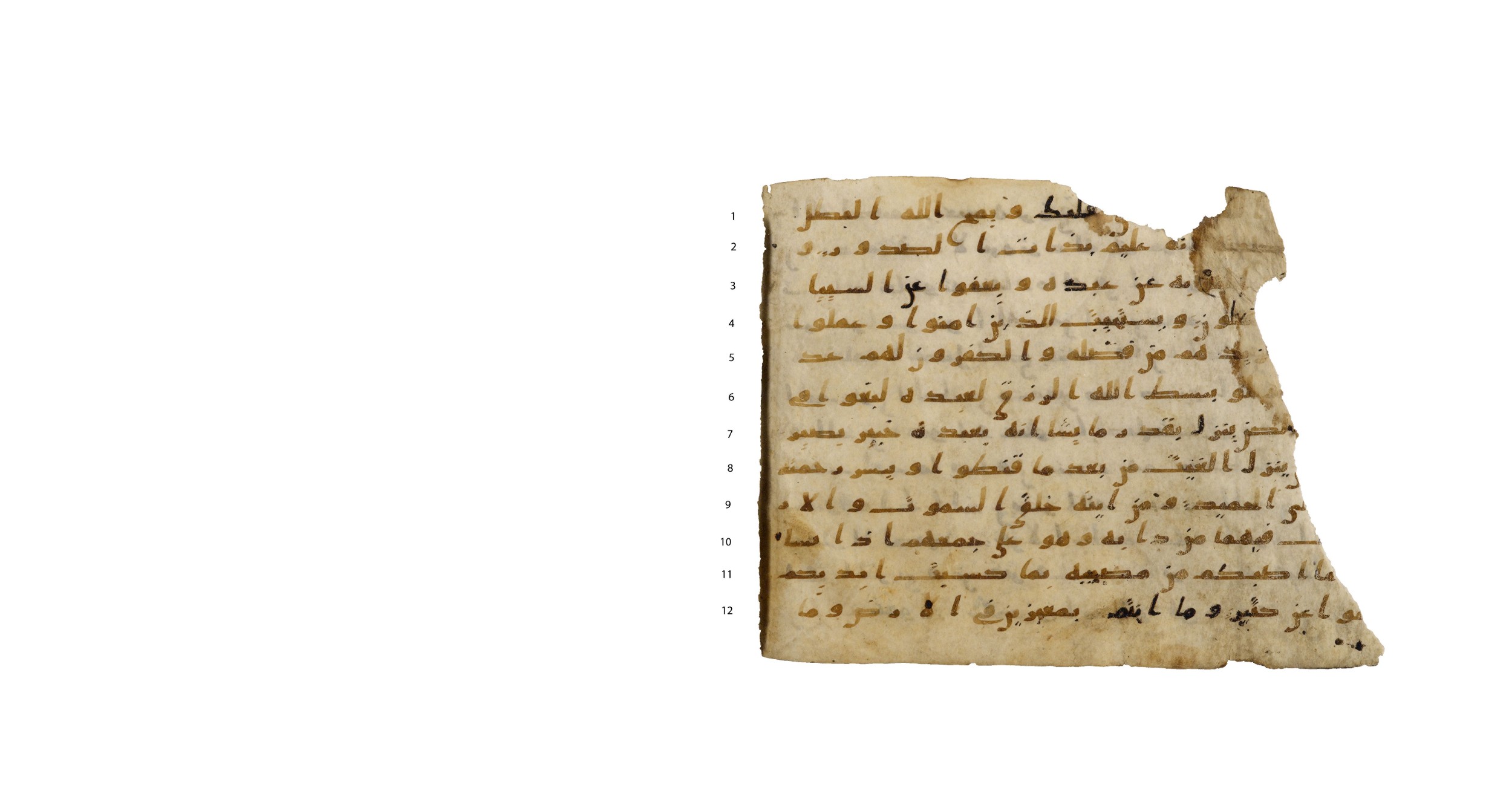 Codex Amrensis 1, in Ḥiǧāzī I script, showing Surah 42:30 from Early to Mid 8th Century AD found in Fustat (Old Cairo), Egypt, currently housed at Bibliothèque nationale de France, Paris