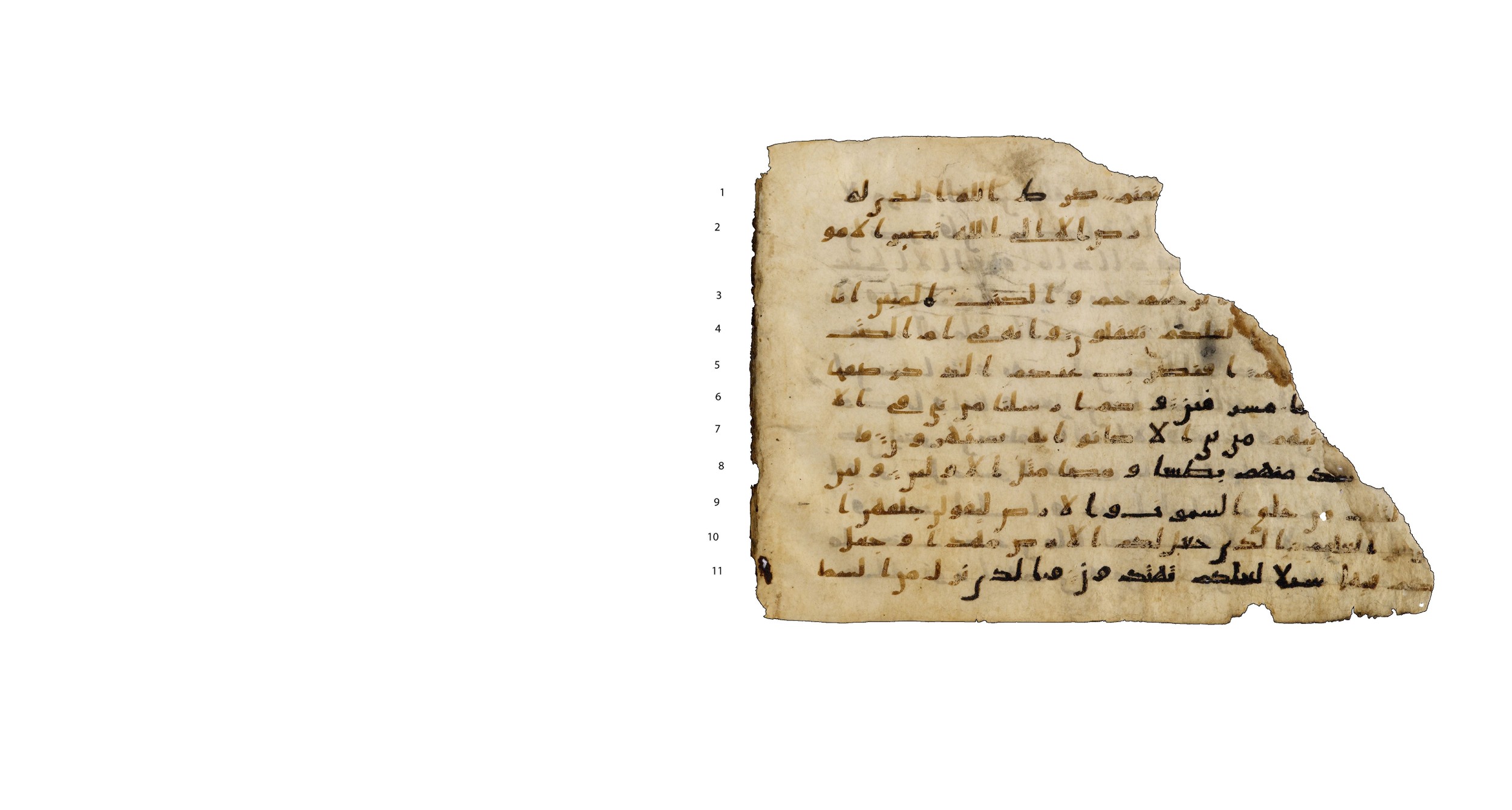 Codex Amrensis 1, in Ḥiǧāzī I script, showing Surah 43:2 from Early to Mid 8th Century AD found in Fustat (Old Cairo), Egypt, currently housed at Bibliothèque nationale de France, Paris
