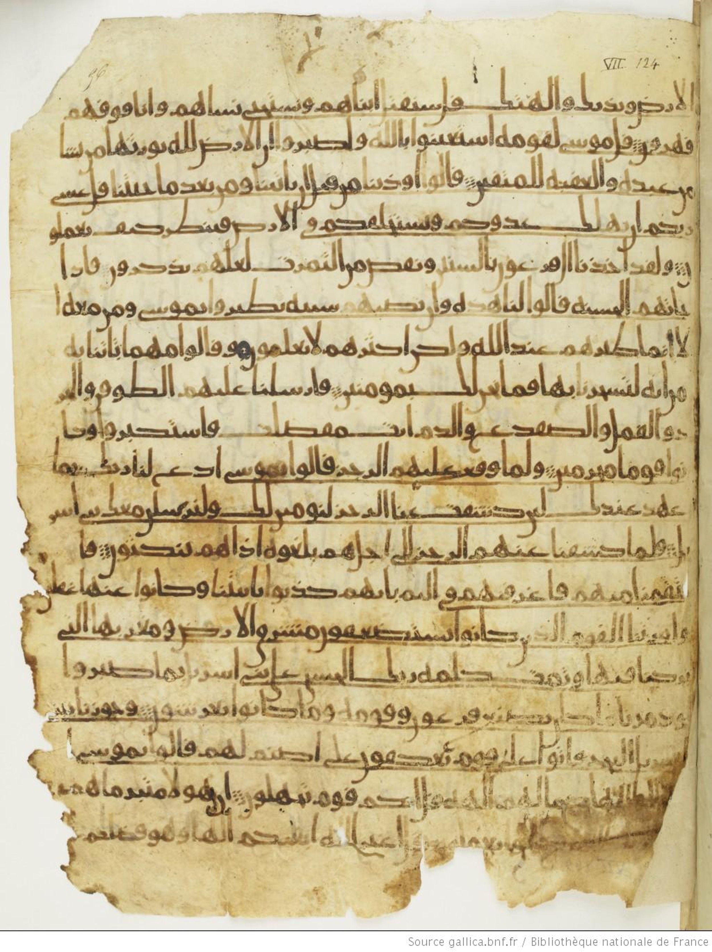 Paris, Bibliothèque nationale de France, Arabe 330 (g) (Scan 2), in Unclassified script, showing Surah 7:136 from Mid 8th to Late 9th Century AD found in Fustat (Old Cairo), Egypt, currently housed at Bibliothèque nationale de France, Paris
