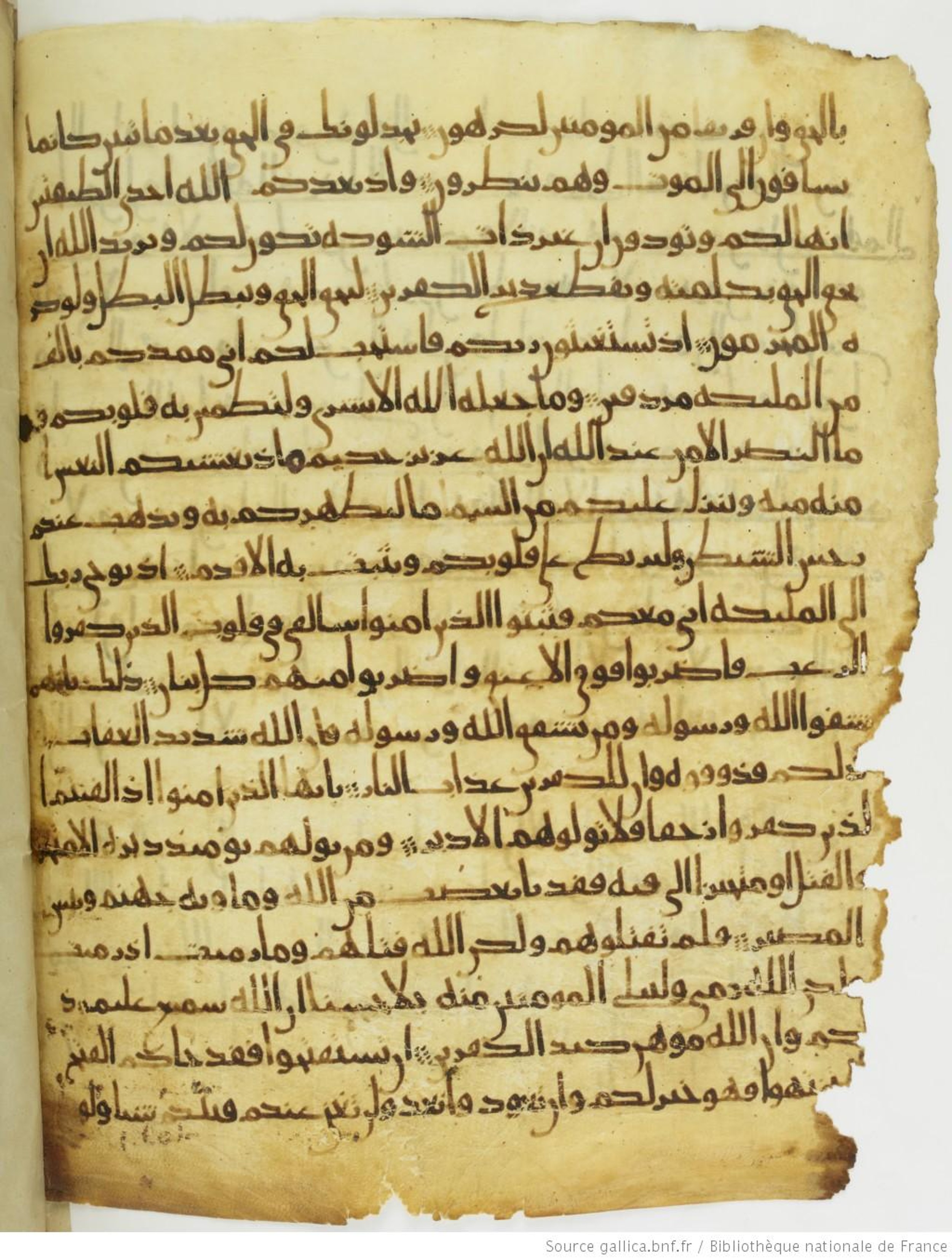 Paris, Bibliothèque nationale de France, Arabe 330 (g), in Unclassified script, showing Surah 8:13 from Mid 8th to Late 9th Century AD found in Fustat (Old Cairo), Egypt, currently housed at Bibliothèque nationale de France, Paris