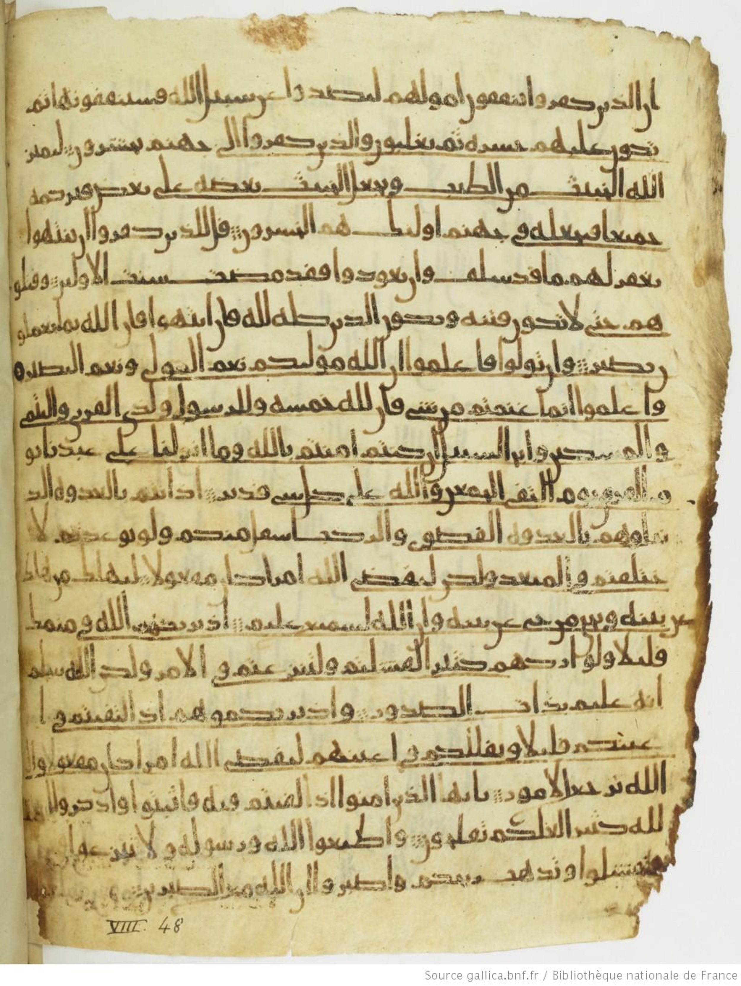 Paris, Bibliothèque nationale de France, Arabe 330 (g), in Unclassified script, showing Surah 8:39 from Mid 8th to Late 9th Century AD found in Fustat (Old Cairo), Egypt, currently housed at Bibliothèque nationale de France, Paris