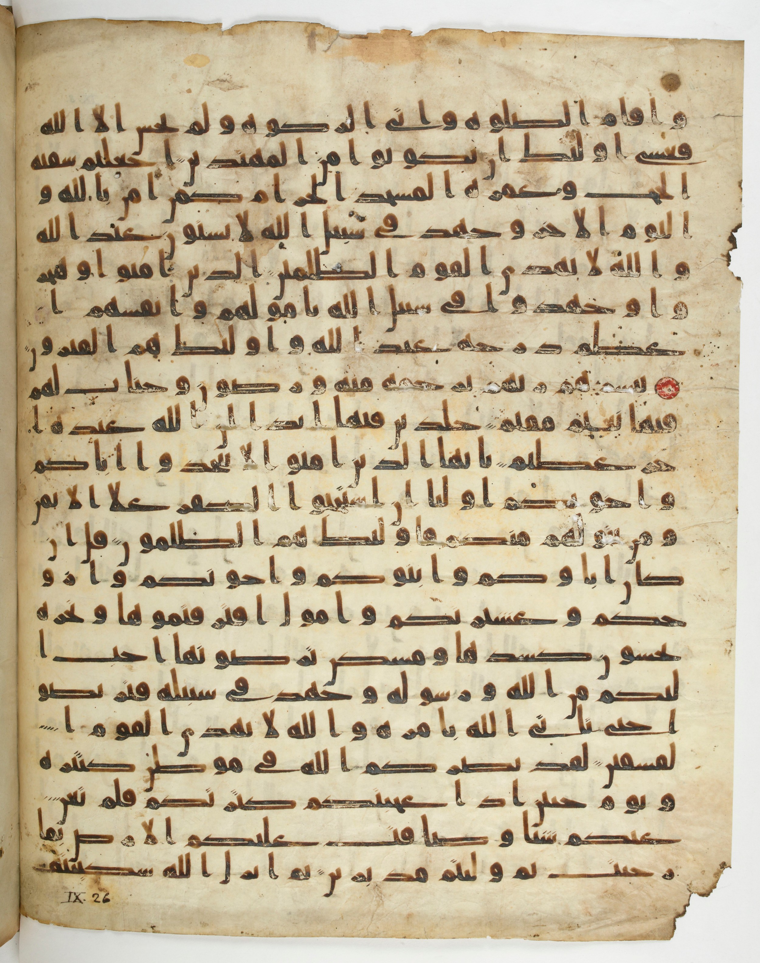 Paris, Bibliothèque nationale de France, Arabe 332, in Kūfī type C.Ia (influenced by Ḥiǧāzī IV and Kūfī B.I) script, showing Surah 9:21 from 8th Century AD found in Fustat (Old Cairo), Egypt, currently housed at Bibliothèque nationale de France, Paris