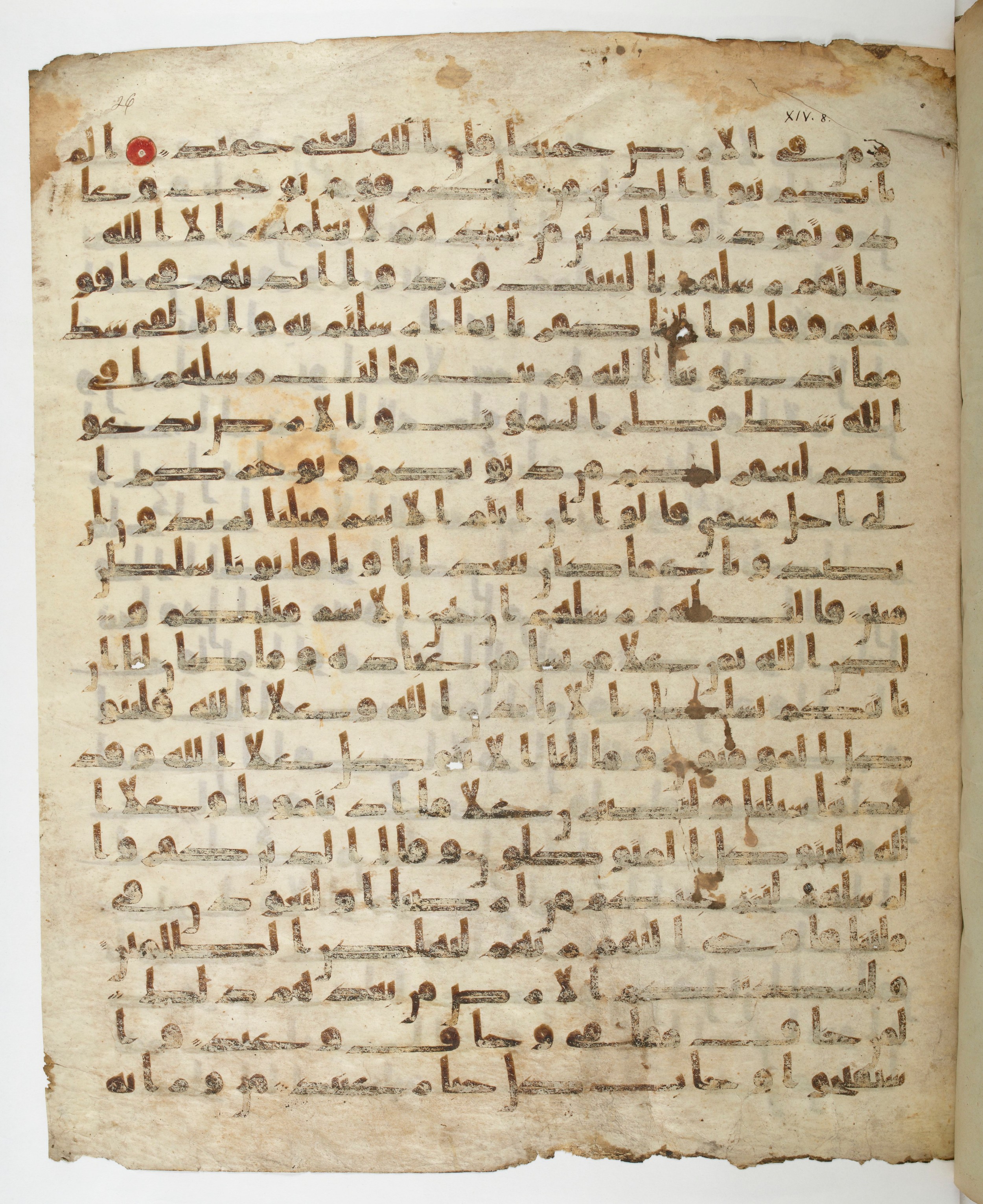 Paris, Bibliothèque nationale de France, Arabe 332 (Scan 1), in Kūfī type C.Ia (influenced by Ḥiǧāzī IV and Kūfī B.I) script, showing Surah 14:13 from 8th Century AD found in Fustat (Old Cairo), Egypt, currently housed at Bibliothèque nationale de France, Paris