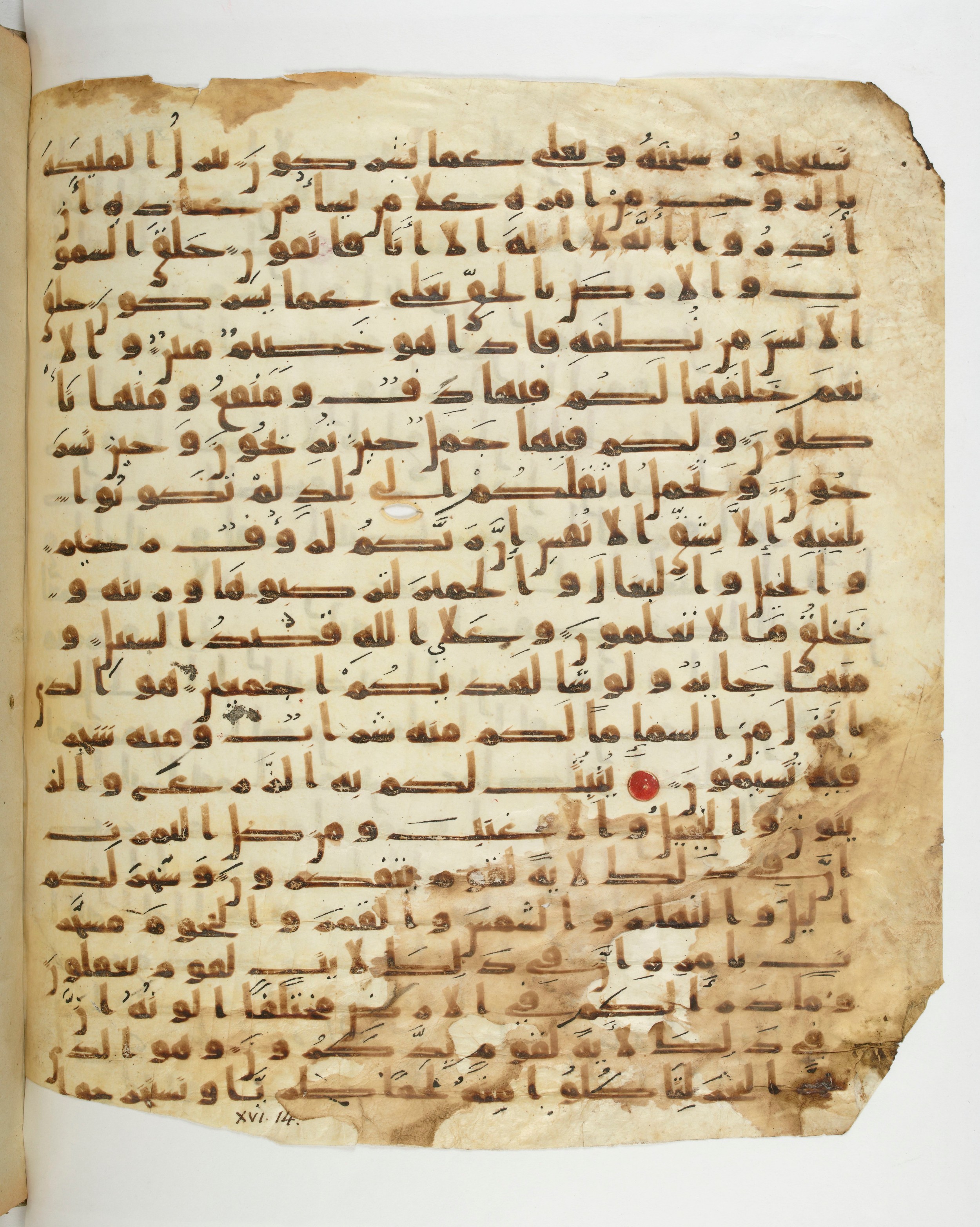 Paris, Bibliothèque nationale de France, Arabe 332 (Scan 3), in Kūfī type C.Ia (influenced by Ḥiǧāzī IV and Kūfī B.I) script, showing Surah 16:13 from 8th Century AD found in Fustat (Old Cairo), Egypt, currently housed at Bibliothèque nationale de France, Paris