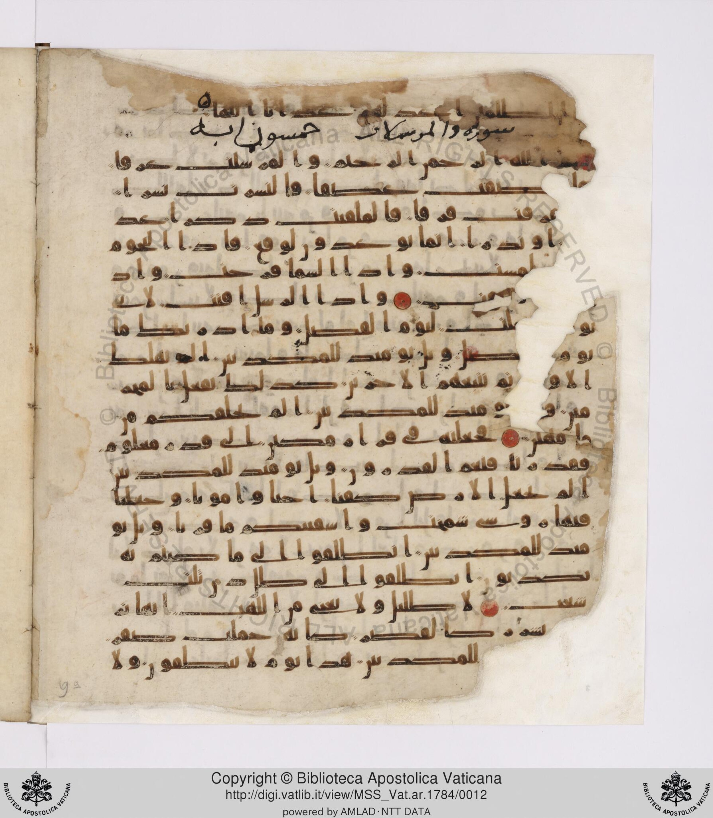 Paris, Bibliothèque nationale de France, Arabe 332, in Kūfī type C.Ia (influenced by Ḥiǧāzī IV and Kūfī B.I) script, showing Surah 77:21 from 8th Century AD found in Fustat (Old Cairo), Egypt, currently housed at Bibliothèque nationale de France, Paris