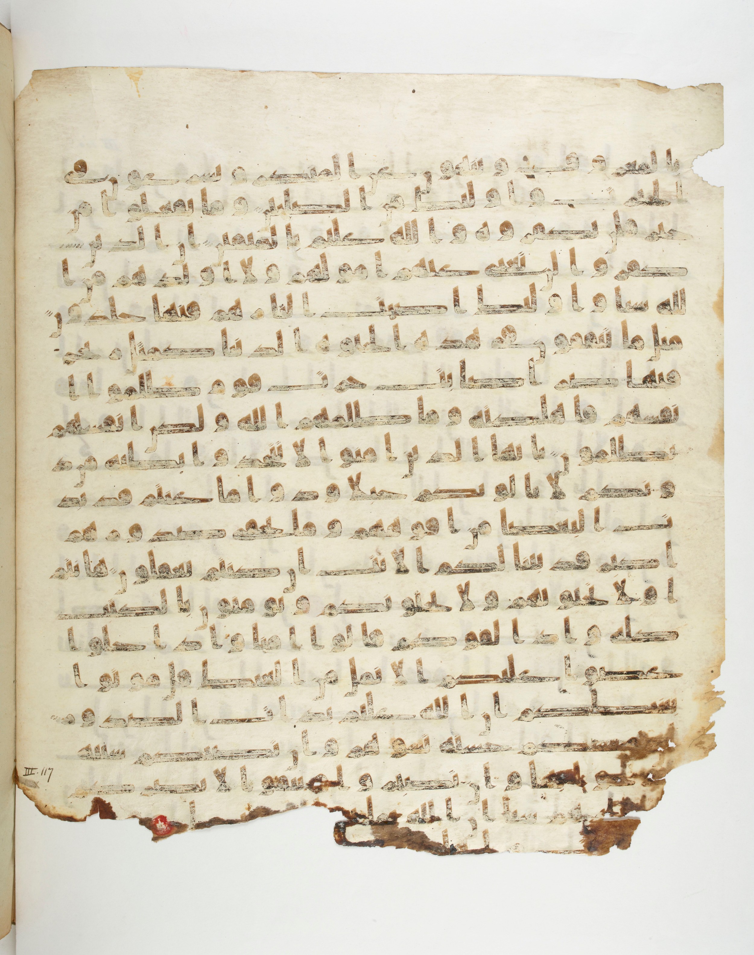 Paris, Bibliothèque nationale de France, Arabe 332 (Scan 2), in Kūfī type C.Ia (influenced by Ḥiǧāzī IV and Kūfī B.I) script, showing Surah 3:116 from 8th Century AD found in Fustat (Old Cairo), Egypt, currently housed at Bibliothèque nationale de France, Paris