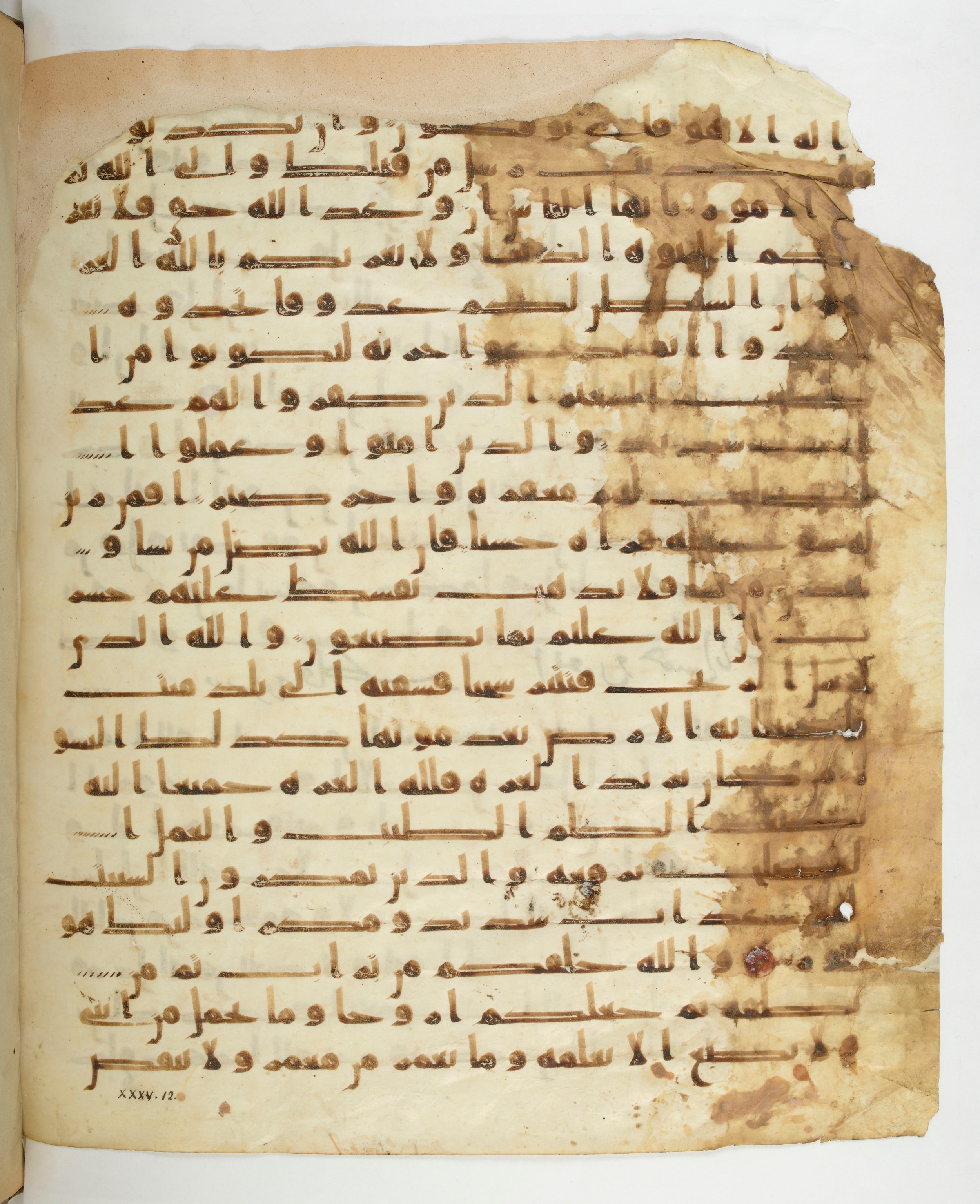 Paris, Bibliothèque nationale de France, Arabe 332, in Kūfī type C.Ia (influenced by Ḥiǧāzī IV and Kūfī B.I) script, showing Surah 35:4 from 8th Century AD found in Fustat (Old Cairo), Egypt, currently housed at Bibliothèque nationale de France, Paris