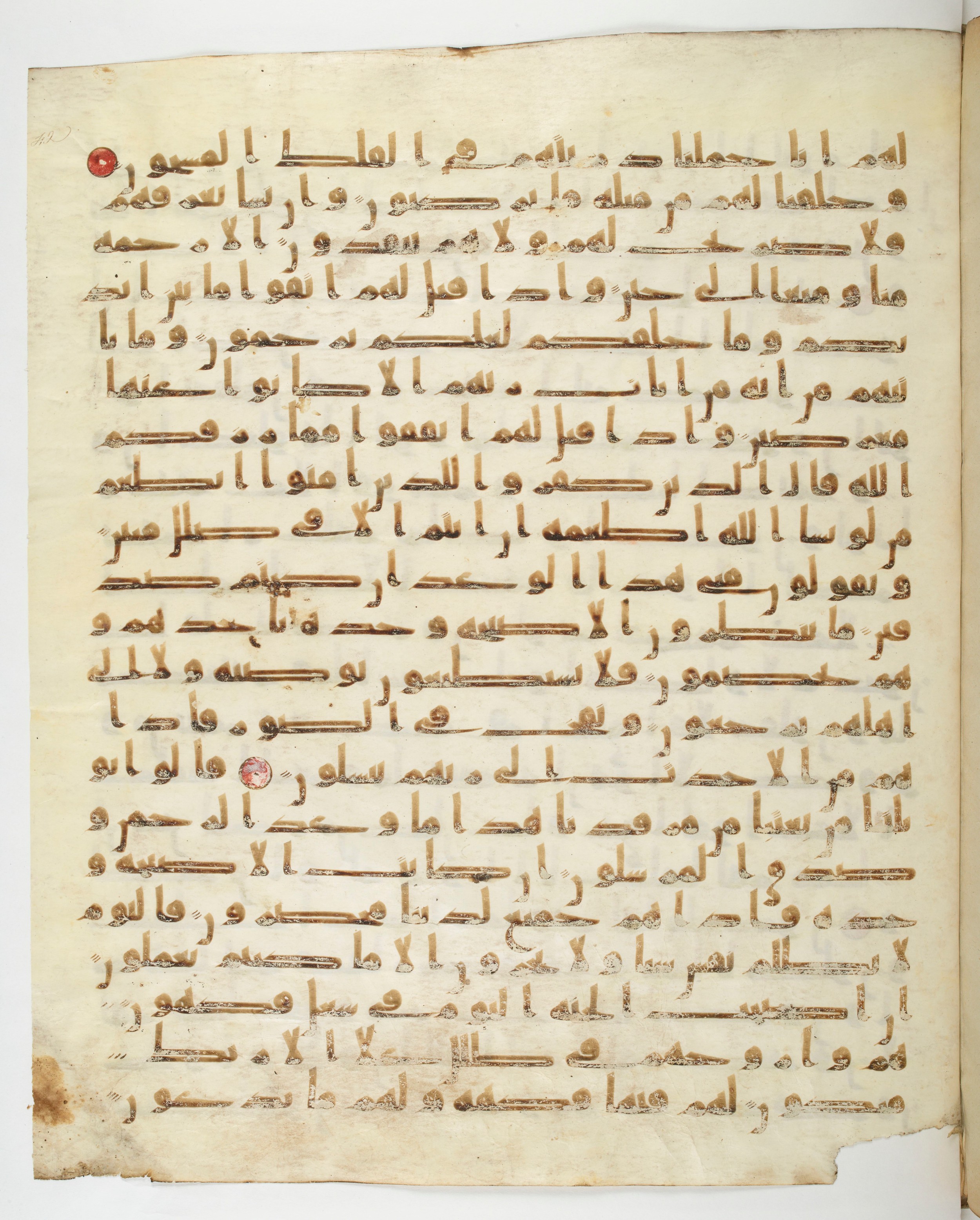 Paris, Bibliothèque nationale de France, Arabe 332 (Scan 1), in Kūfī type C.Ia (influenced by Ḥiǧāzī IV and Kūfī B.I) script, showing Surah 36:49 from 8th Century AD found in Fustat (Old Cairo), Egypt, currently housed at Bibliothèque nationale de France, Paris