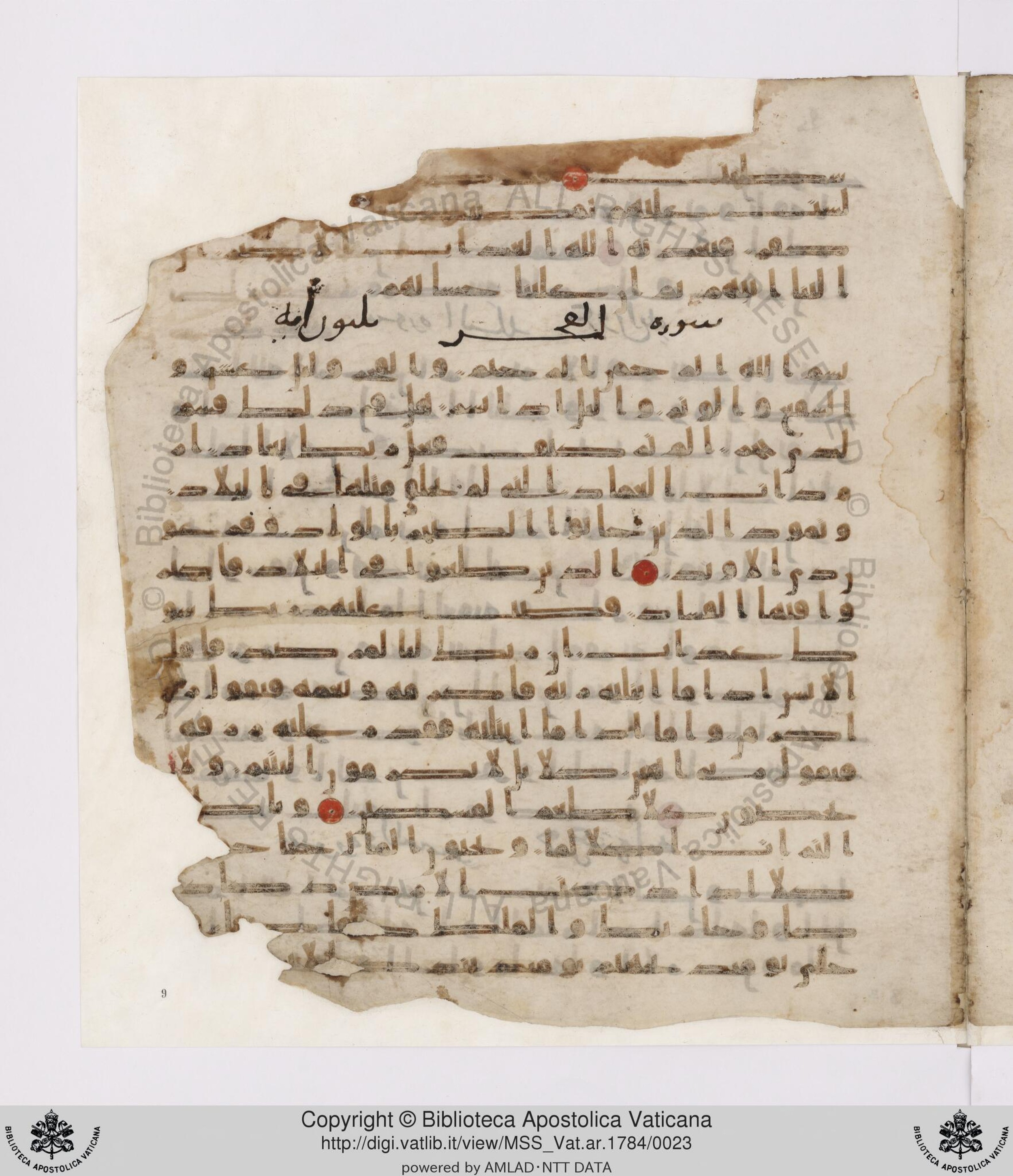 Paris, Bibliothèque nationale de France, Arabe 332, in Kūfī type C.Ia (influenced by Ḥiǧāzī IV and Kūfī B.I) script, showing Surah 88:21 from 8th Century AD found in Fustat (Old Cairo), Egypt, currently housed at Bibliothèque nationale de France, Paris