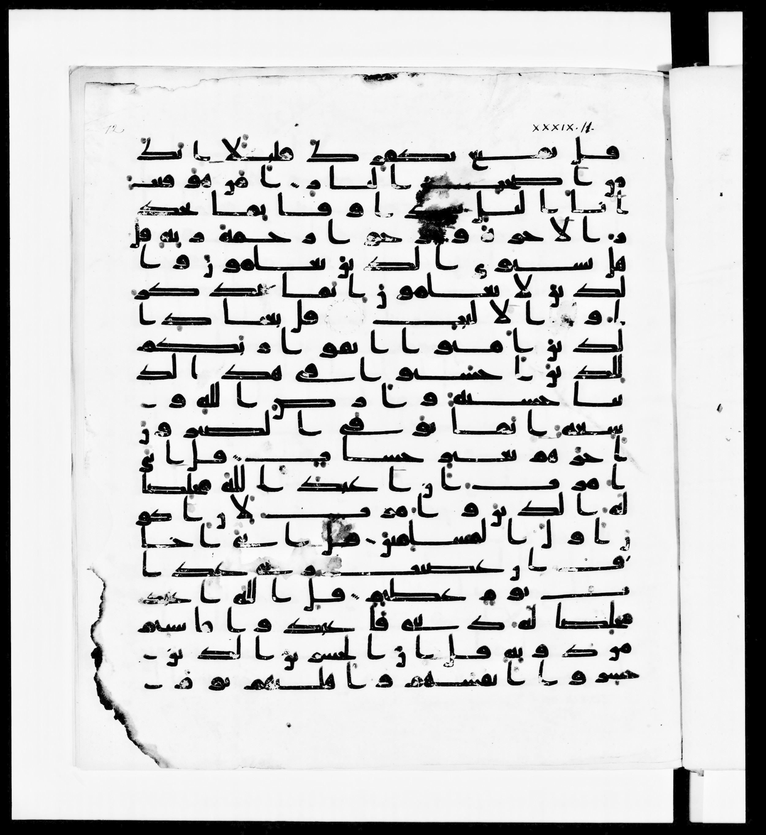 Paris, Bibliothèque nationale de France, Arabe 336, in Kūfī D.IV script, showing Surah 39:13 from Mid 8th to Late 10th Century AD found in Fustat (Old Cairo), Egypt, currently housed at Bibliothèque nationale de France, Paris
