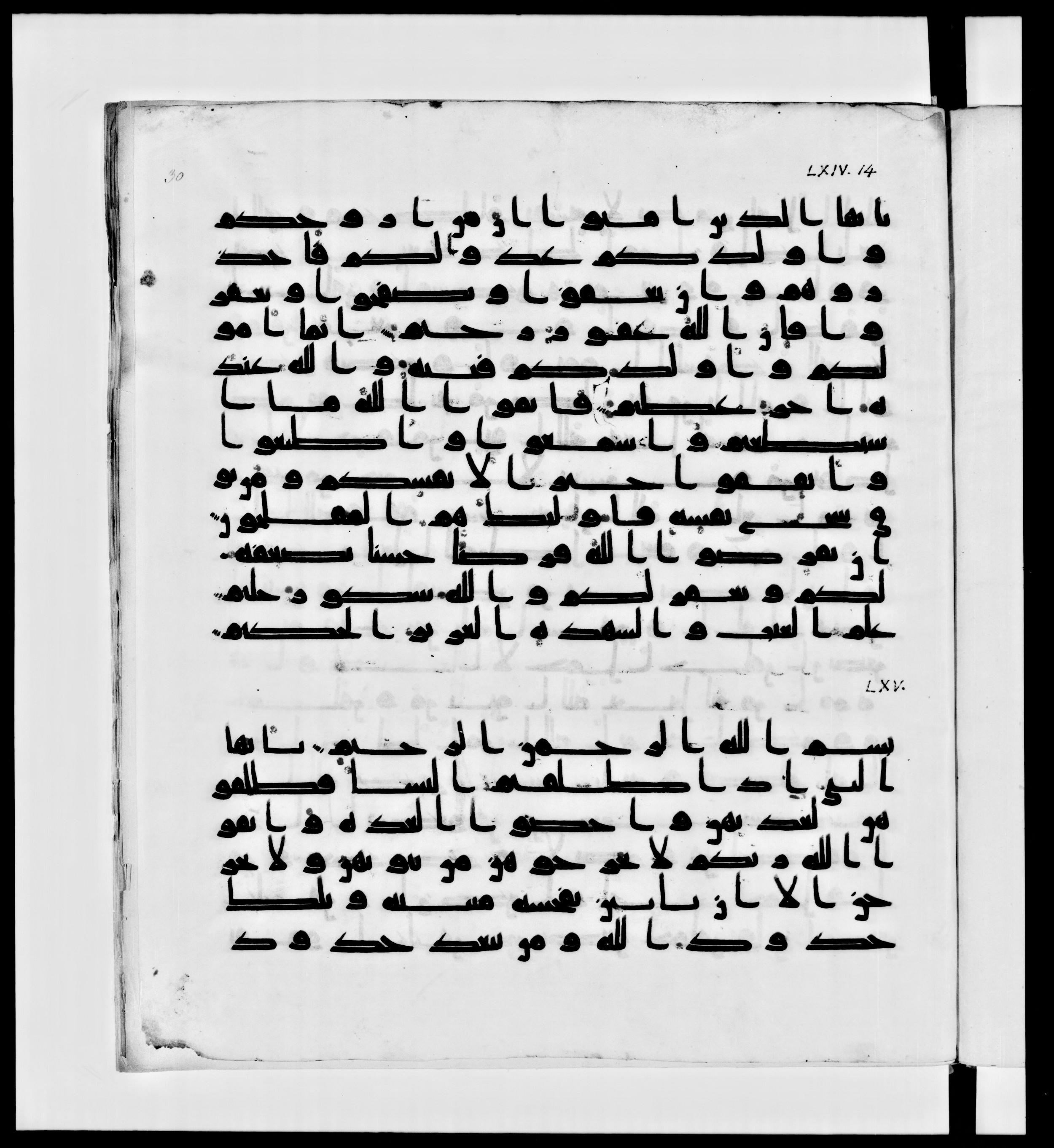 Paris, Bibliothèque nationale de France, Arabe 336, in Kūfī D.IV script, showing Surah 64:16 from Mid 8th to Late 10th Century AD found in Fustat (Old Cairo), Egypt, currently housed at Bibliothèque nationale de France, Paris