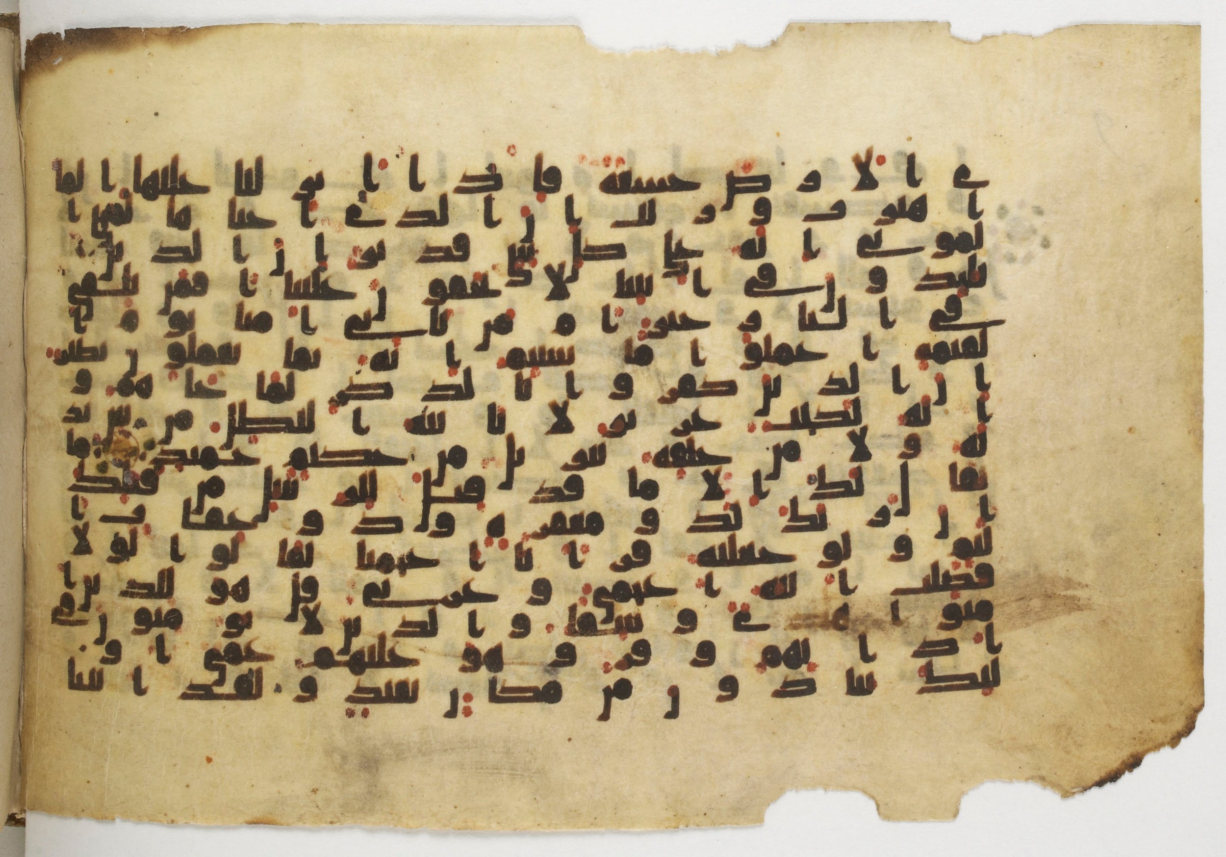 Bibliothèque nationale de France, Arabe 338 (a) (Scan 2), in Kufic B.II script, showing Surah 41:39 from 8th to 9th Century AD found in Fustat (Old Cairo), Egypt, currently housed at Bibliothèque nationale de France, Paris