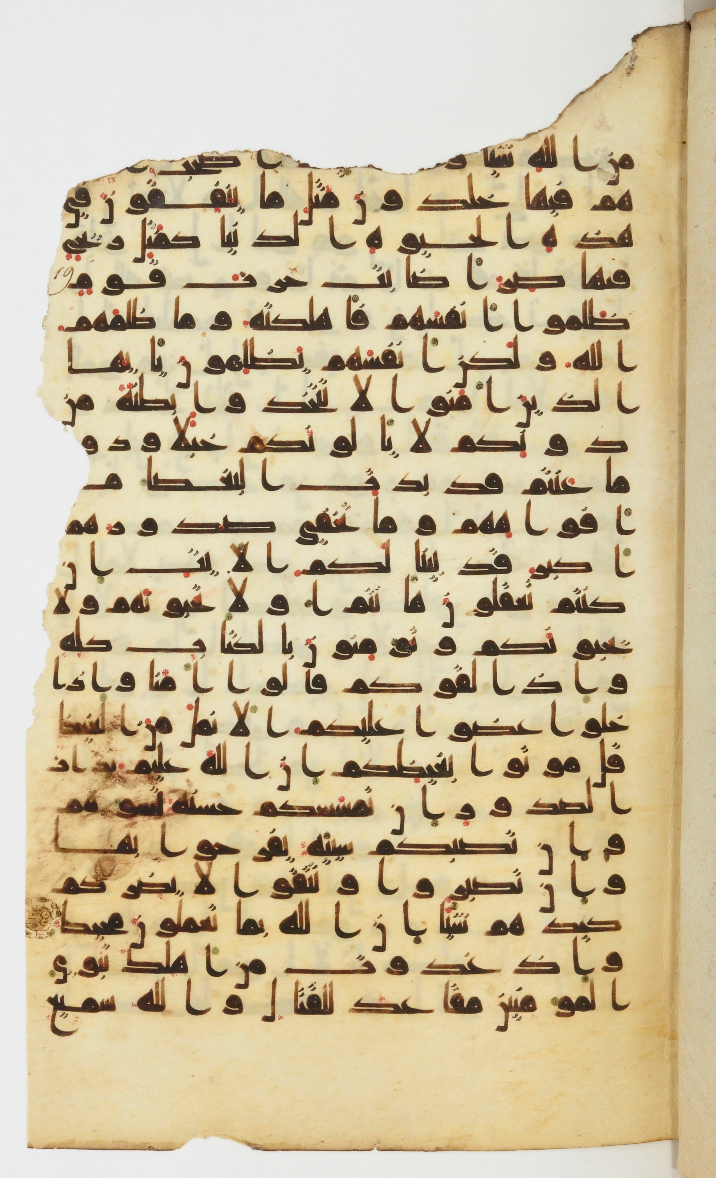 Bibliothèque nationale de France, Arabe 339 (Scan 2), in Kufic D.I script, showing Surah 3:116 from 8th to 10th Century AD found in Fustat, Egypt, currently housed at Bibliothèque nationale de France, Paris