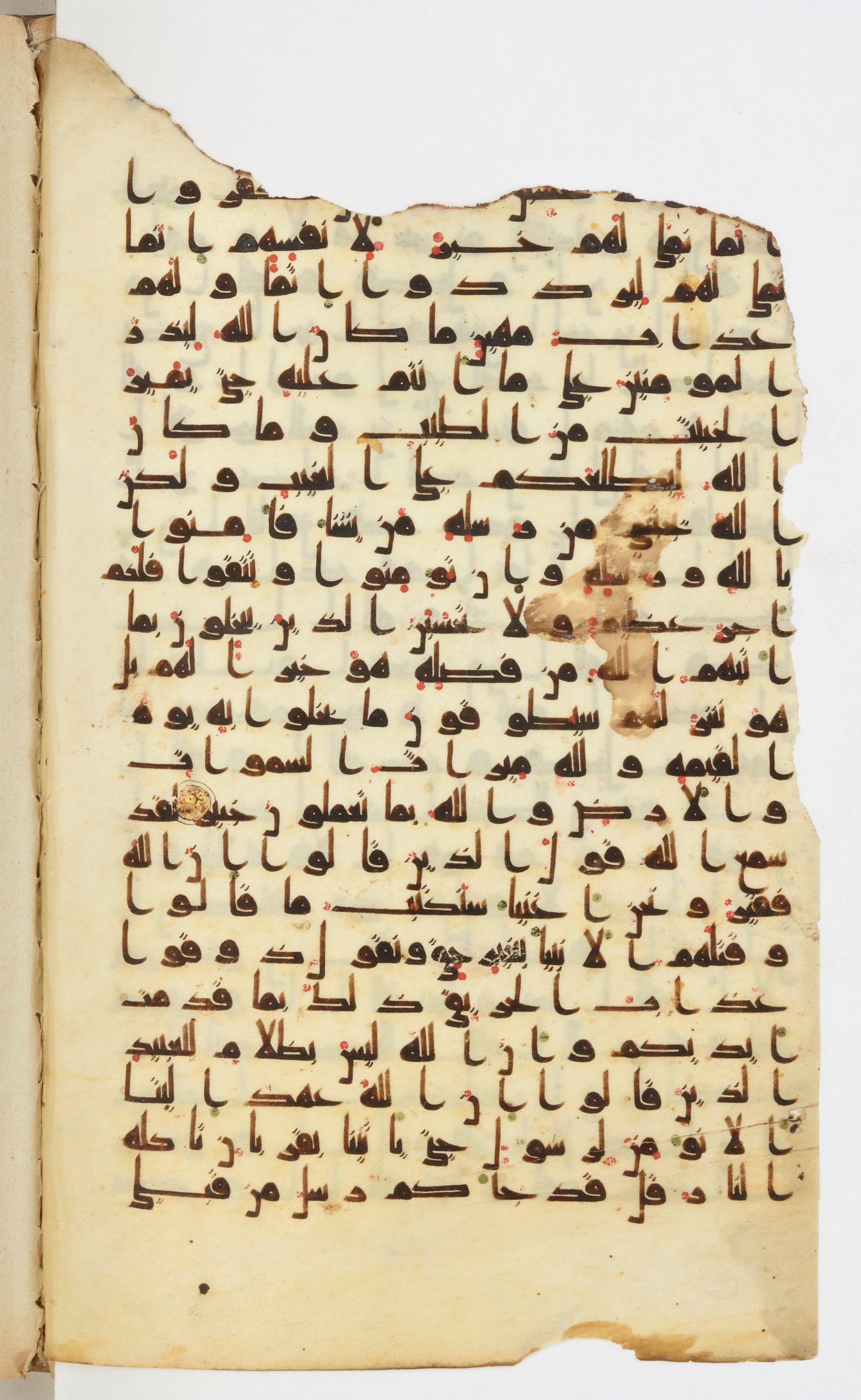 Bibliothèque nationale de France, Arabe 339 (Scan 1), in Kufic D.I script, showing Surah 3:183 from 8th to 10th Century AD found in Fustat, Egypt, currently housed at Bibliothèque nationale de France, Paris