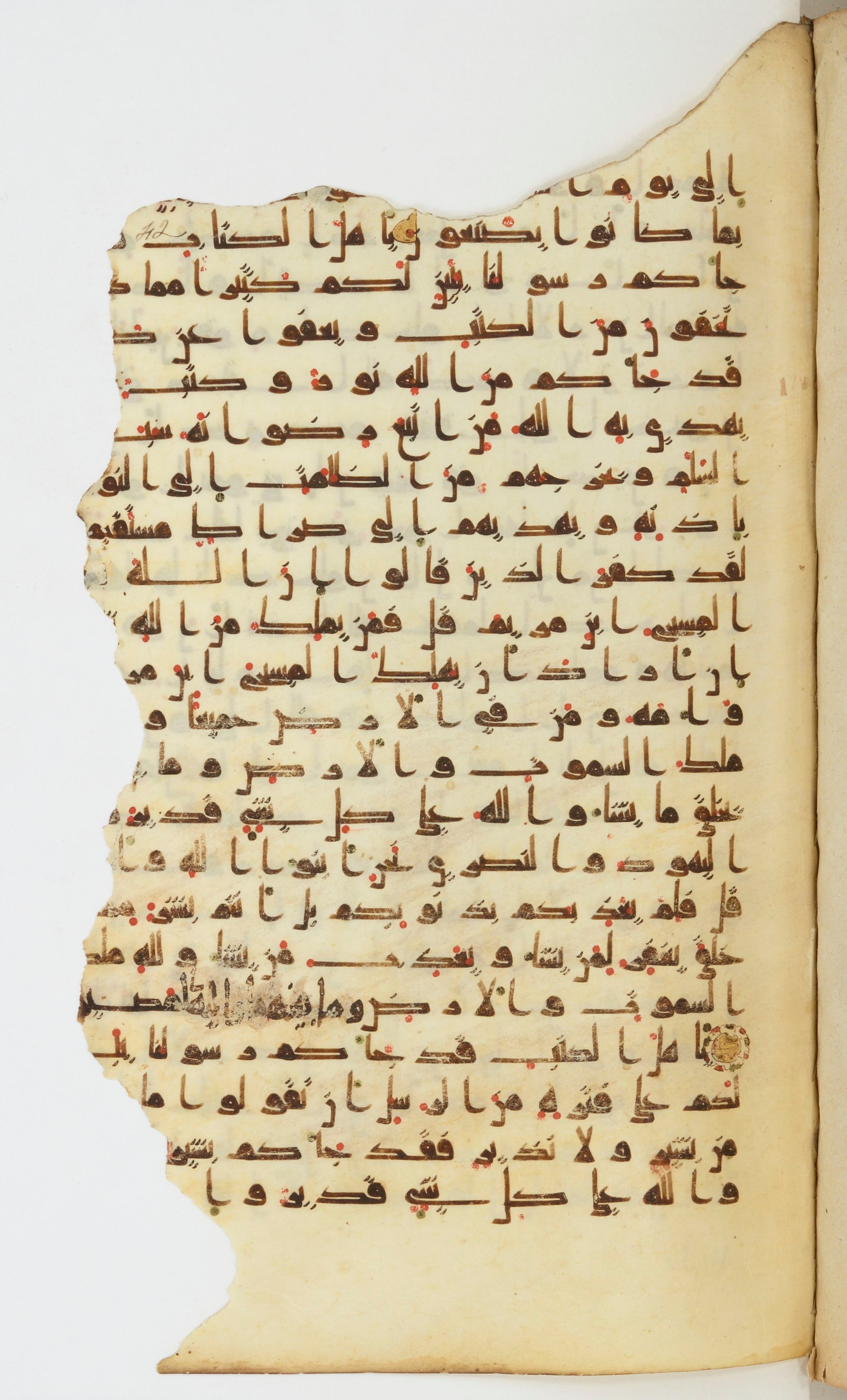 Bibliothèque nationale de France, Arabe 339 (Scan 1), in Kufic D.I script, showing Surah 5:20 from 8th to 10th Century AD found in Fustat, Egypt, currently housed at Bibliothèque nationale de France, Paris
