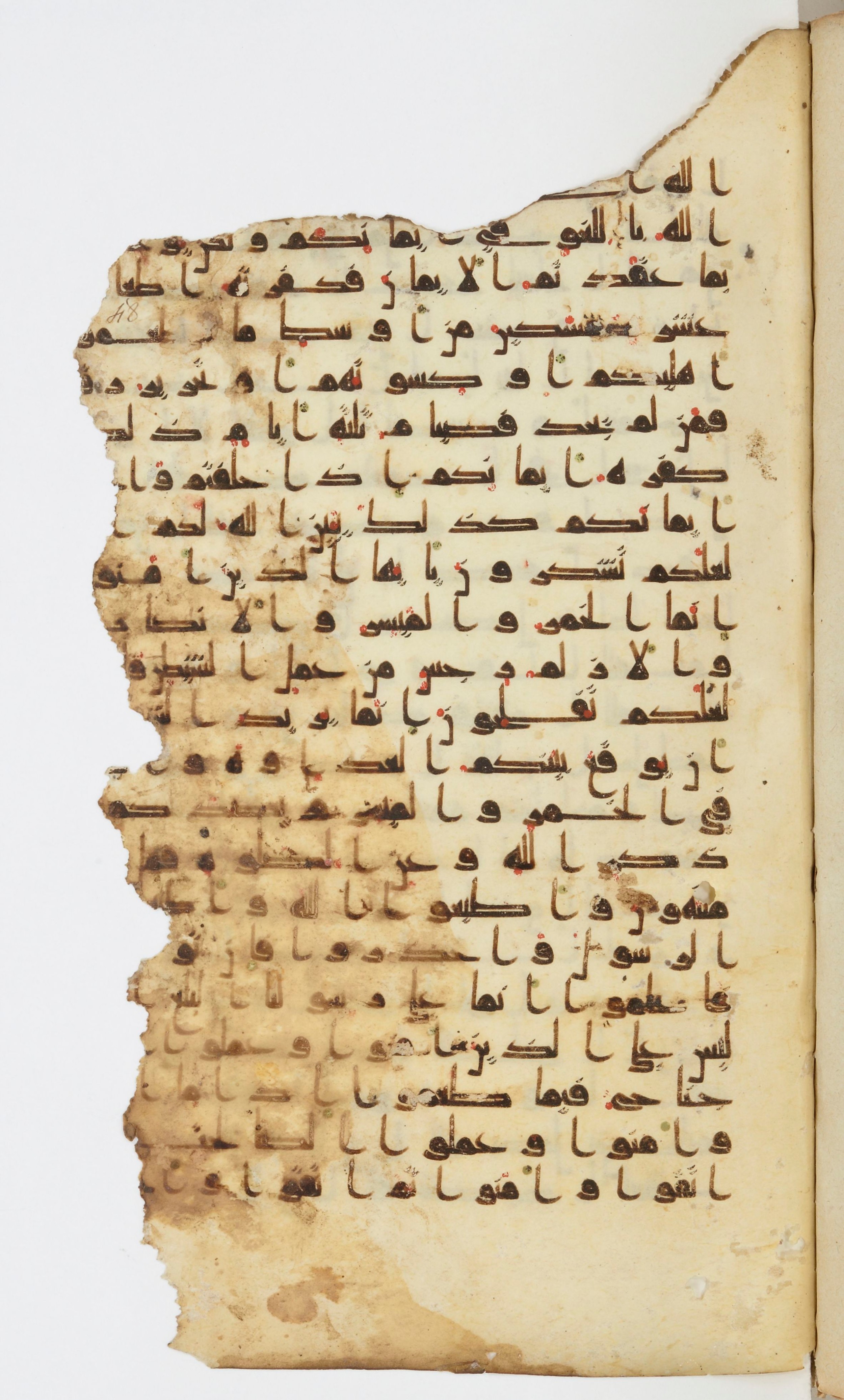 Bibliothèque nationale de France, Arabe 339, in Kufic D.I script, showing Surah 5:92 from 8th to 10th Century AD found in Fustat, Egypt, currently housed at Bibliothèque nationale de France, Paris