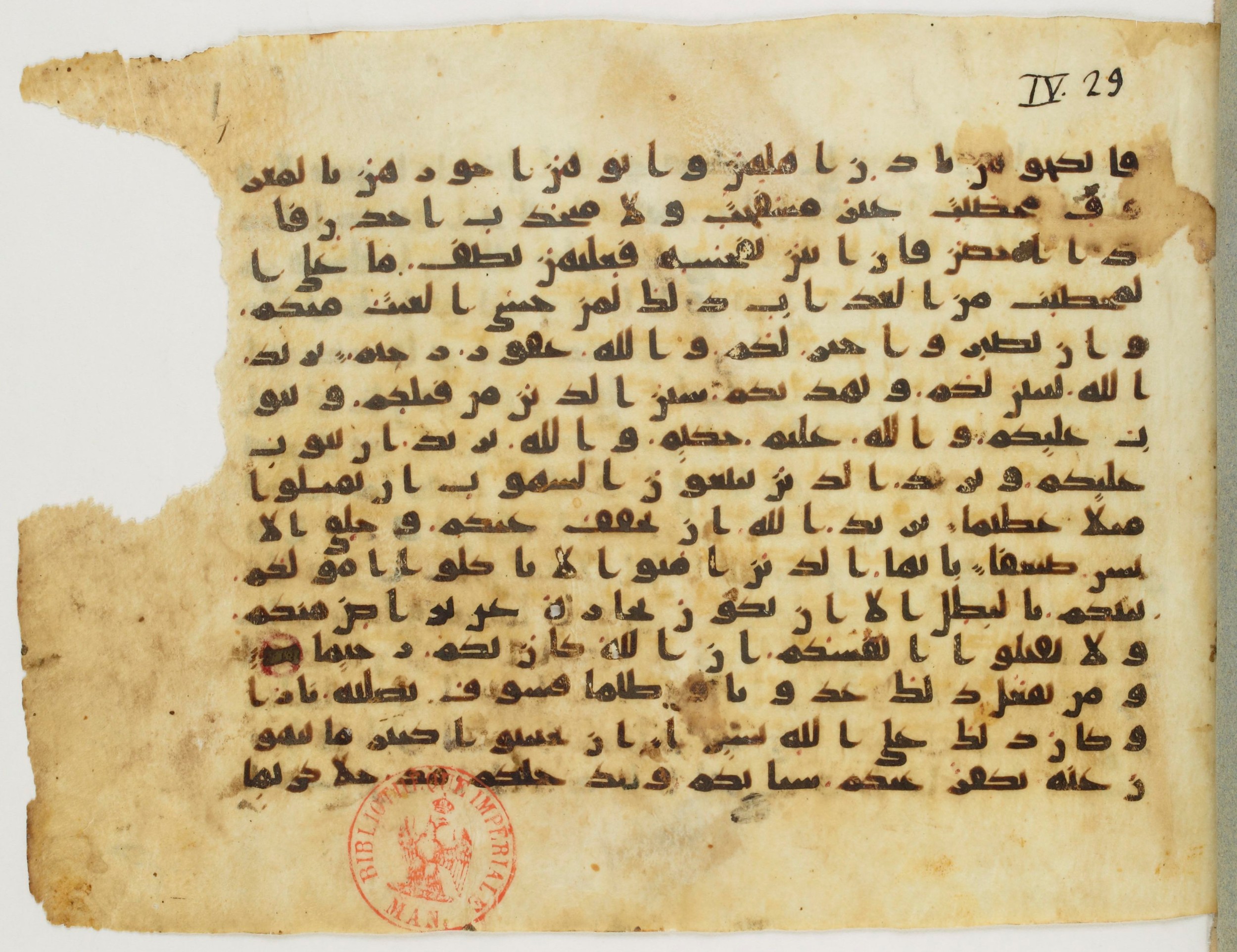 Paris, Bibliothèque nationale de France, Arabe 340 (a), in Early Kufic (Analogies with Groups A and B) script, showing Surah 4:29 from 8th to 9th Century AD found in Fustat (Old Cairo), Egypt, currently housed at Bibliothèque nationale de France, Paris