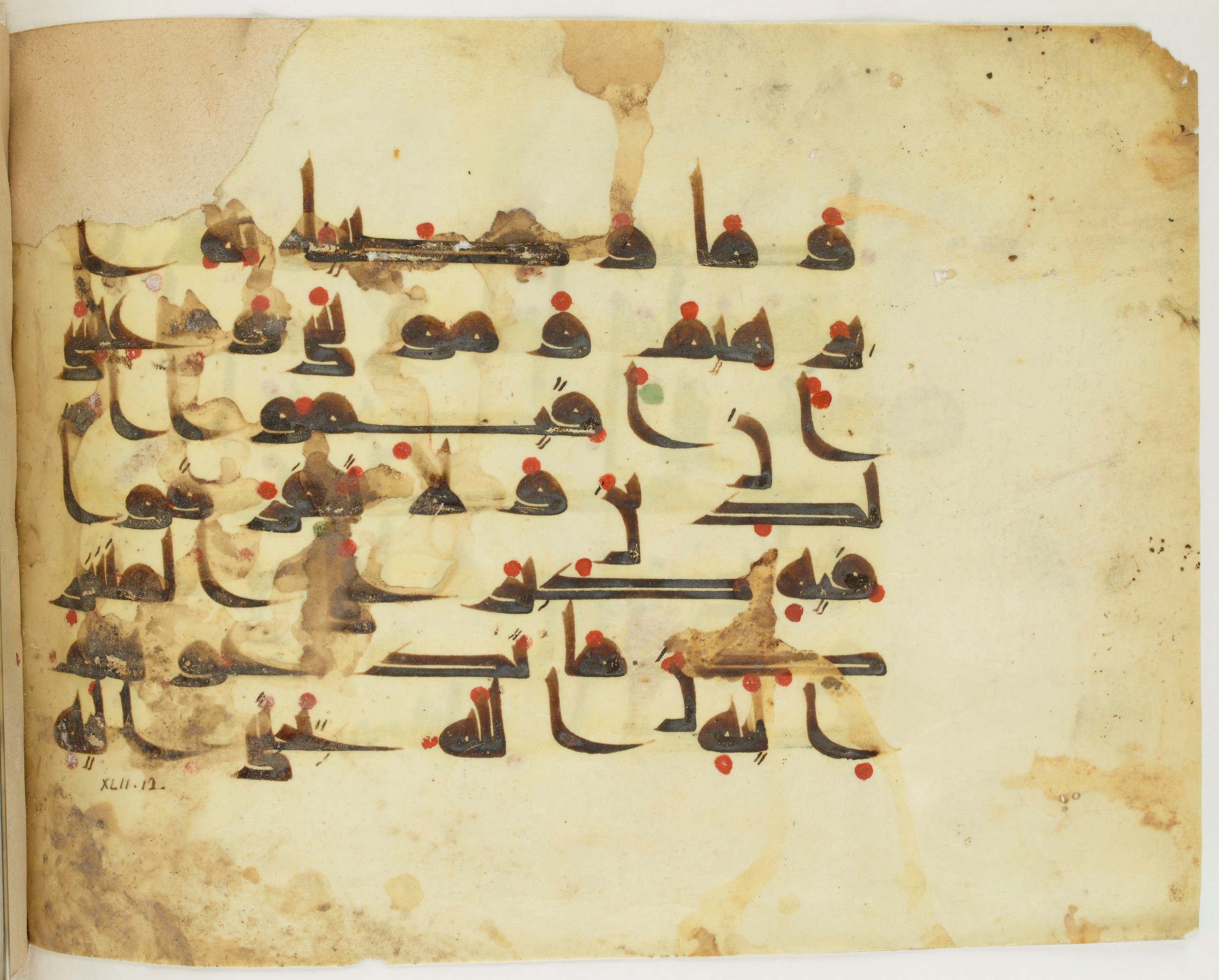 Paris, Bibliothèque nationale de France, Arabe 341 (a) (Scan 2), in Kufic D.III script, showing Surah 42:13 from Mid 8th to Late 10th Century AD found in Fustat (Old Cairo), Egypt, currently housed at Bibliothèque nationale de France, Paris