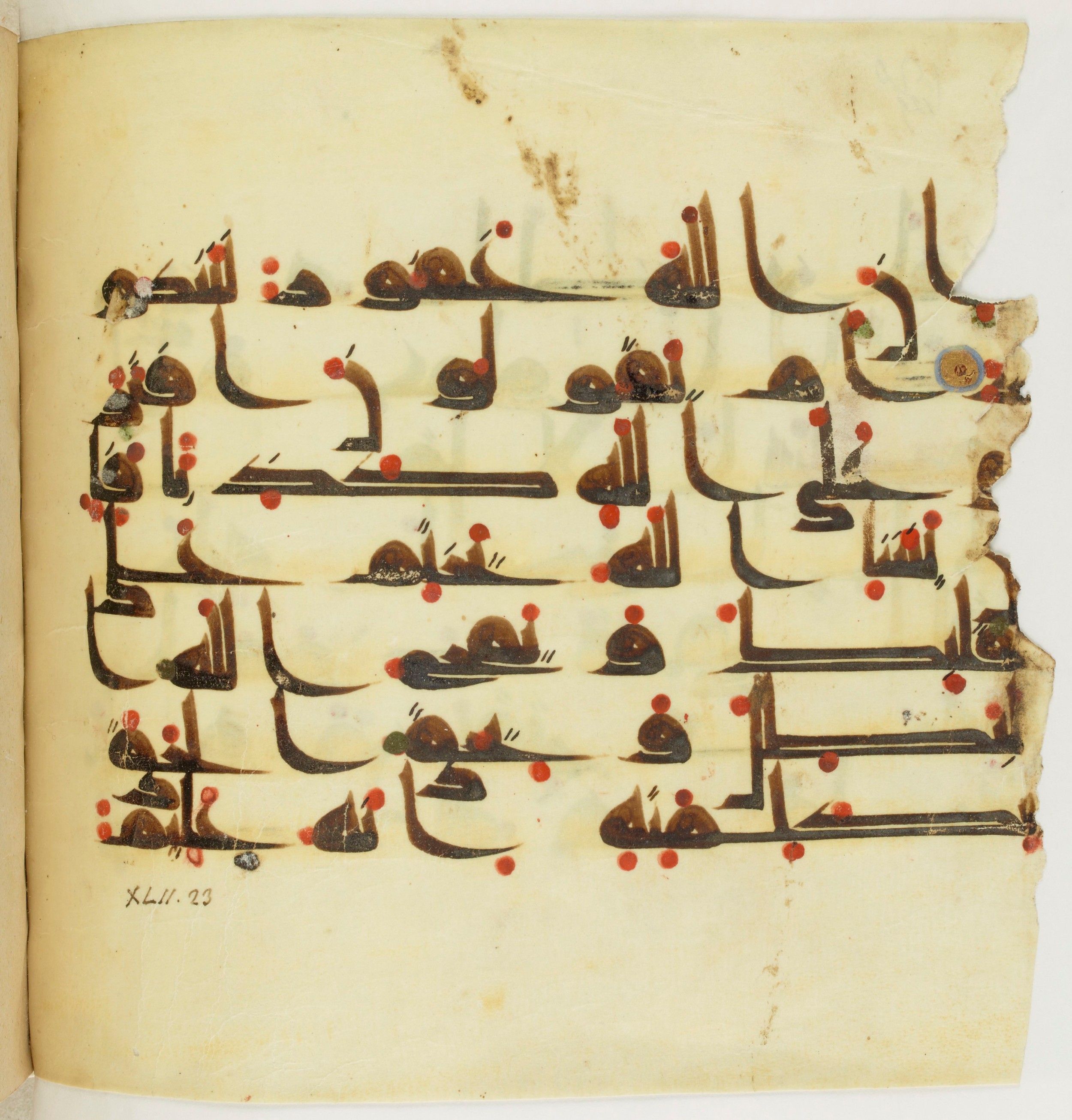 Paris, Bibliothèque nationale de France, Arabe 341 (a) (Scan 3), in Kufic D.III script, showing Surah 42:23 from Mid 8th to Late 10th Century AD found in Fustat (Old Cairo), Egypt, currently housed at Bibliothèque nationale de France, Paris
