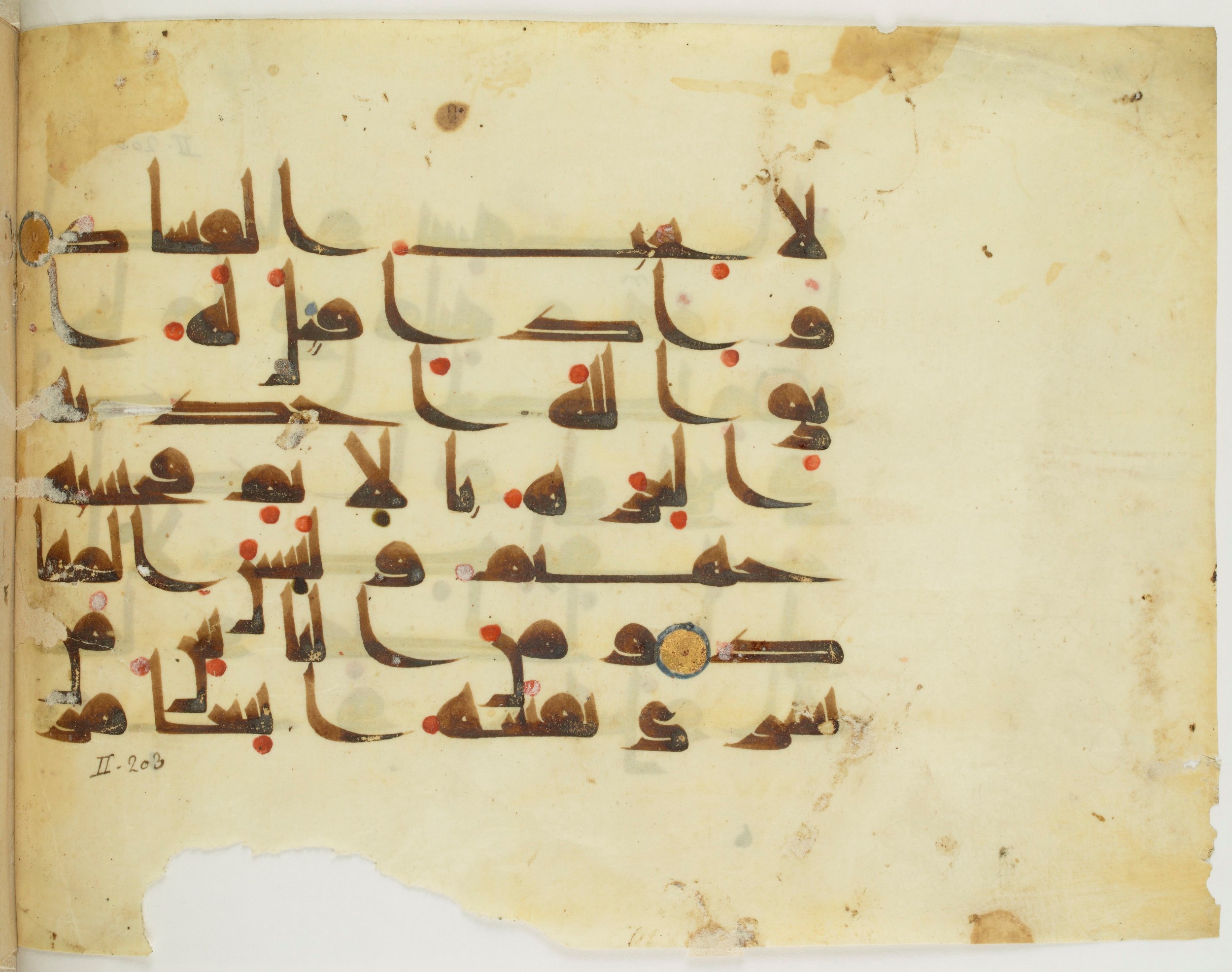 Paris, Bibliothèque nationale de France, Arabe 341 (a) (Scan 2), in Kufic D.III script, showing Surah 2:205 from Mid 8th to Late 10th Century AD found in Fustat (Old Cairo), Egypt, currently housed at Bibliothèque nationale de France, Paris