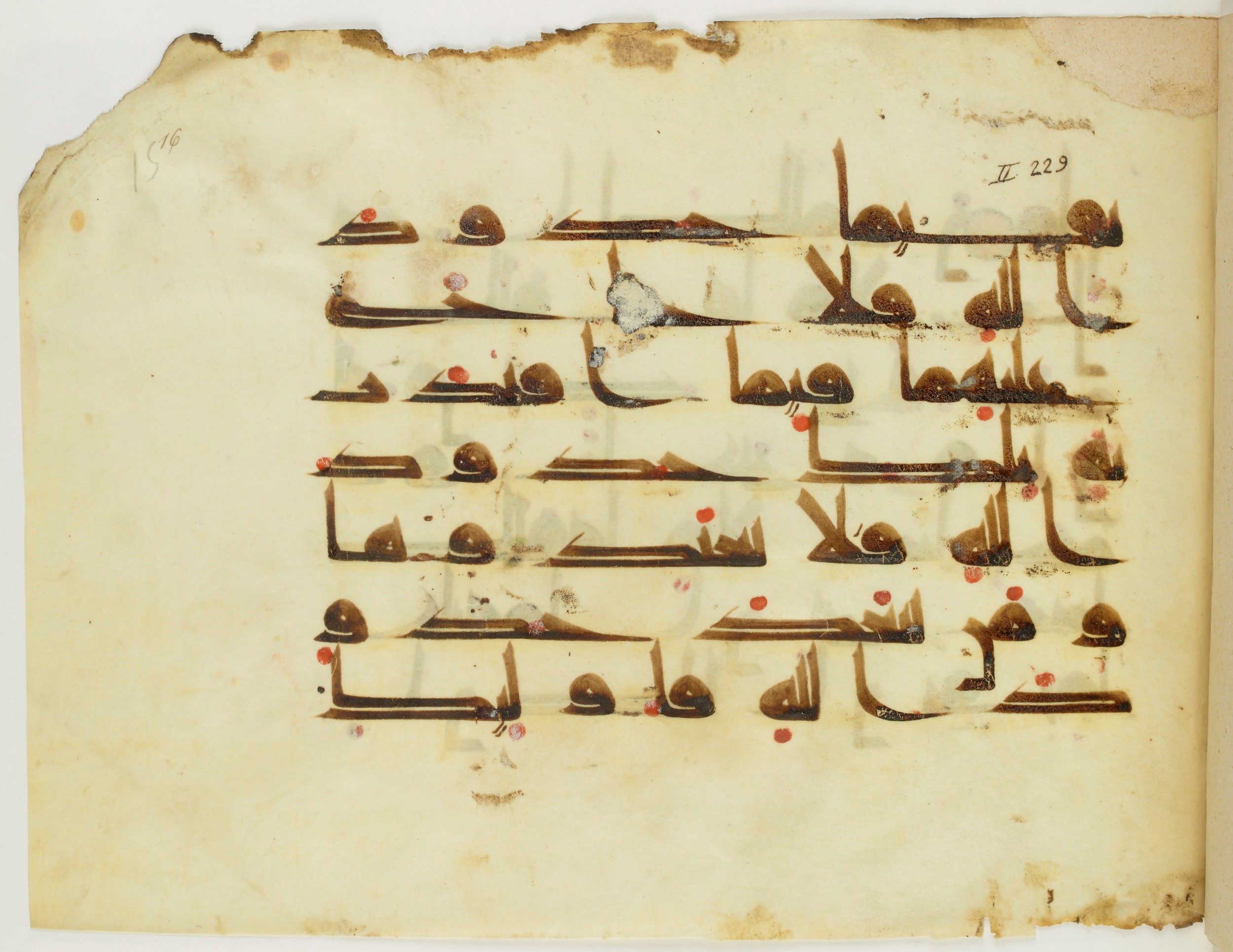 Paris, Bibliothèque nationale de France, Arabe 341 (a) (Scan 3), in Kufic D.III script, showing Surah 2:229 from Mid 8th to Late 10th Century AD found in Fustat (Old Cairo), Egypt, currently housed at Bibliothèque nationale de France, Paris