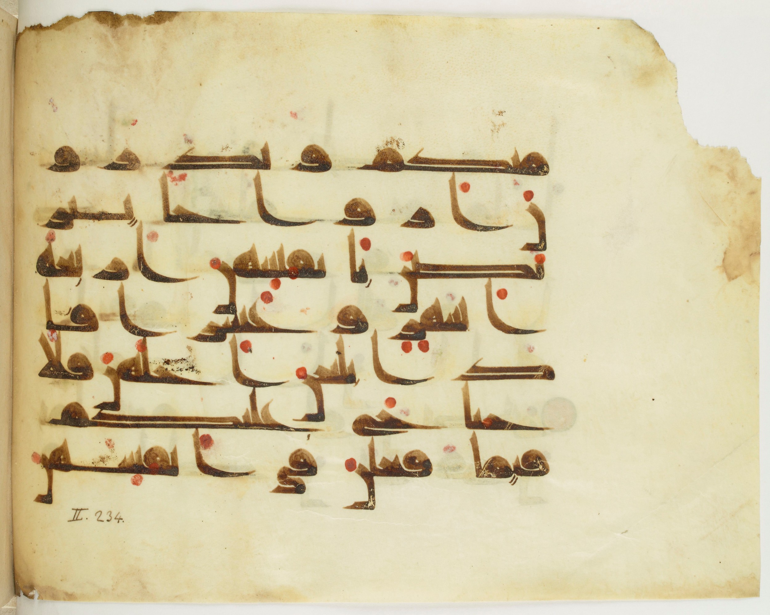 Paris, Bibliothèque nationale de France, Arabe 341 (a) (Scan 2), in Kufic D.III script, showing Surah 2:234 from Mid 8th to Late 10th Century AD found in Fustat (Old Cairo), Egypt, currently housed at Bibliothèque nationale de France, Paris