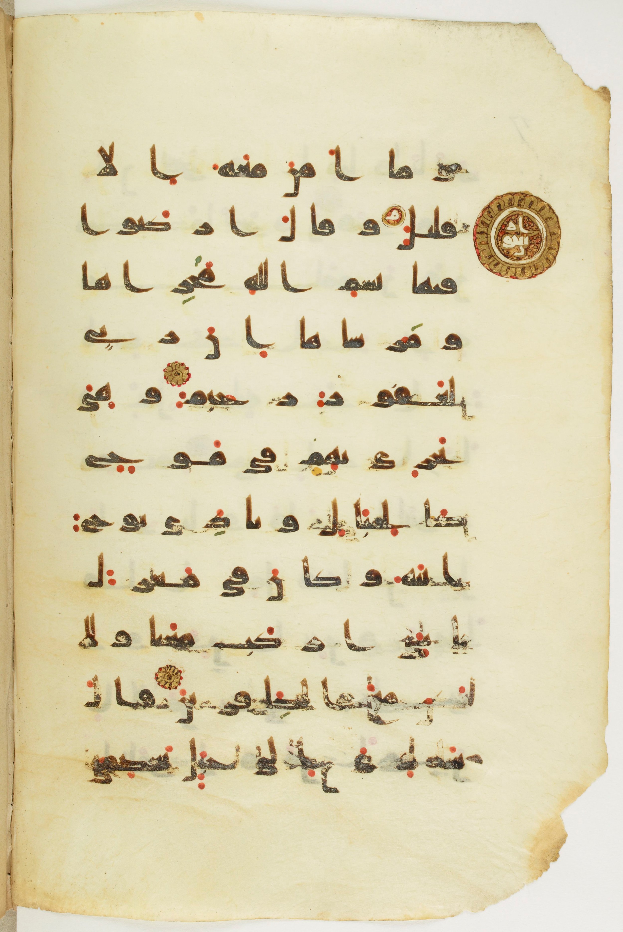 Paris, Bibliothèque nationale de France, Arabe 342 (a) (Scan 2), in kūfī D.Va script, showing Surah 11:40 from Mid 8th to Late 10th Century AD found in Fustat (Old Cairo), Egypt, currently housed at Bibliothèque nationale de France, Paris