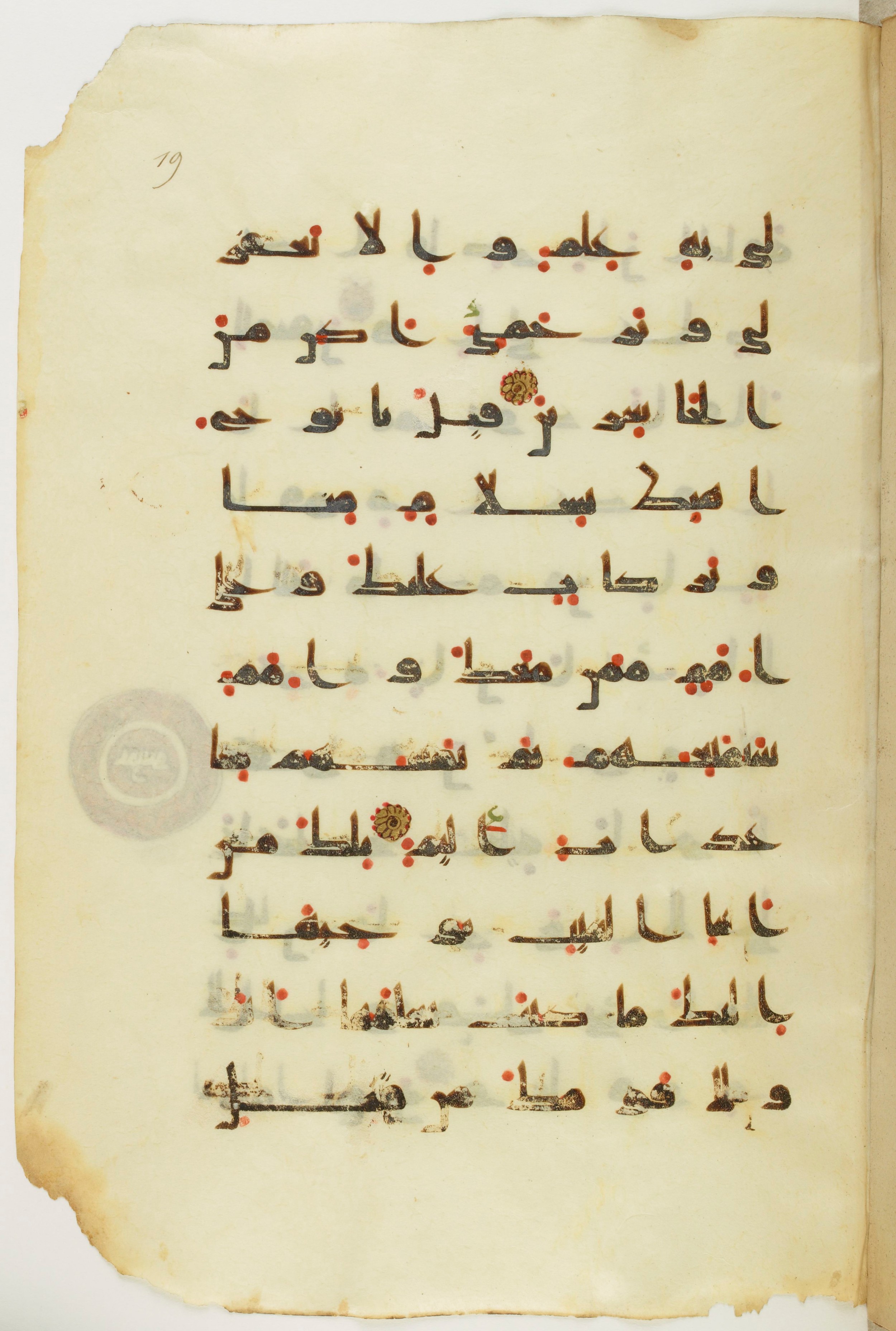 Paris, Bibliothèque nationale de France, Arabe 342 (a) (Scan 1), in kūfī D.Va script, showing Surah 11:49 from Mid 8th to Late 10th Century AD found in Fustat (Old Cairo), Egypt, currently housed at Bibliothèque nationale de France, Paris