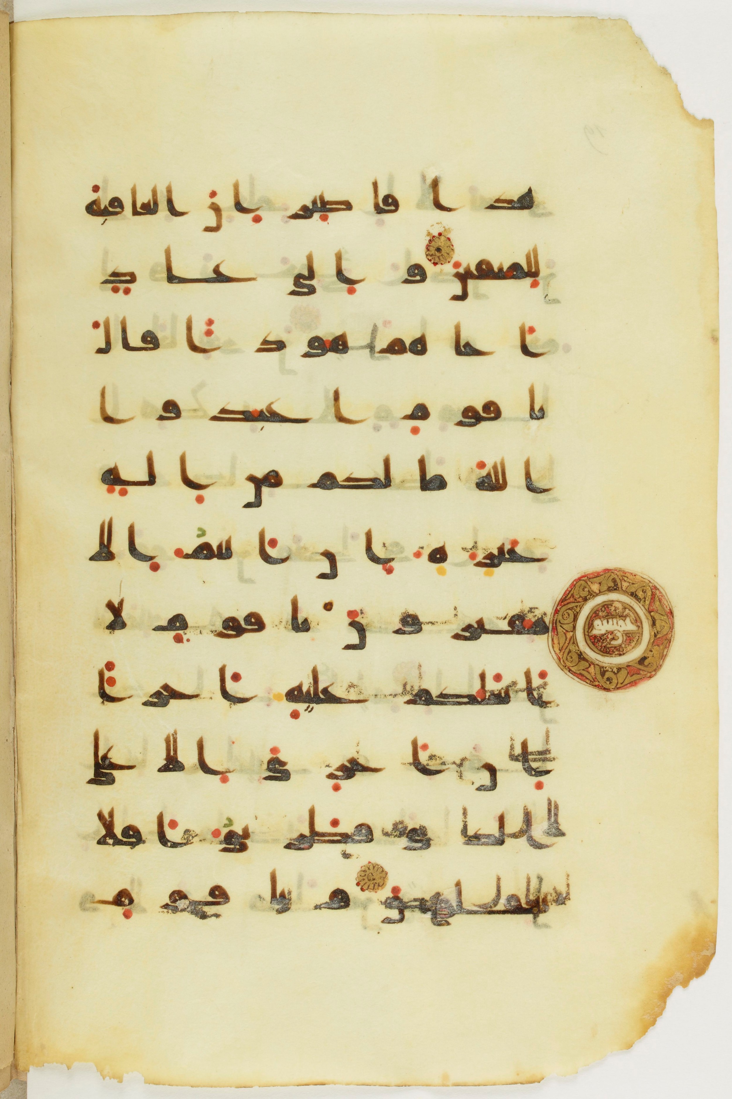 Paris, Bibliothèque nationale de France, Arabe 342 (a) (Scan 2), in kūfī D.Va script, showing Surah 11:49 from Mid 8th to Late 10th Century AD found in Fustat (Old Cairo), Egypt, currently housed at Bibliothèque nationale de France, Paris
