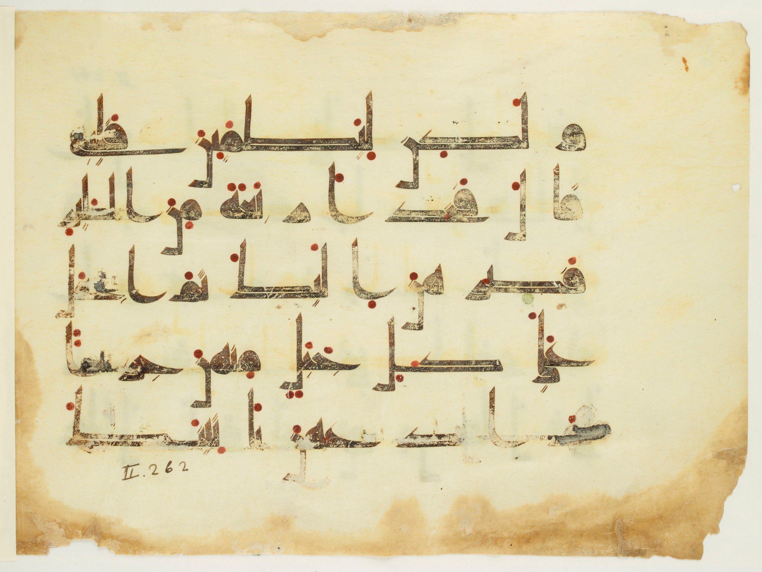 Paris, Bibliothèque nationale de France, Arabe 350 (a) (Scan 2), in Kūfī D.I script, showing Surah 2:260 from Mid 8th to Late 10th Century AD found in Fustat (Old Cairo), Egypt, currently housed at Bibliothèque nationale de France, Paris