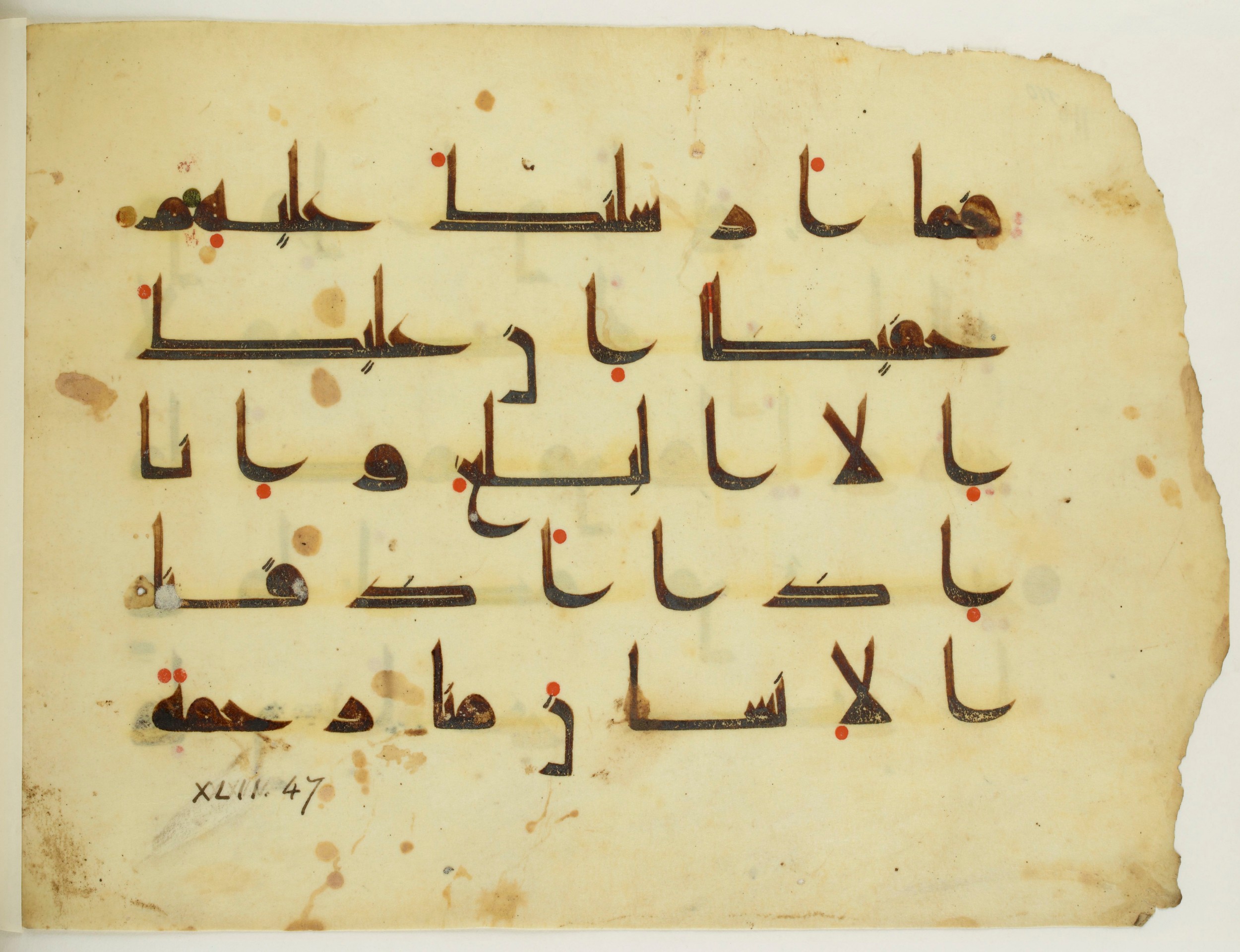 Paris, Bibliothèque nationale de France, Arabe 350 (a) (Scan 2), in Kūfī D.I script, showing Surah 42:48 from Mid 8th to Late 10th Century AD found in Fustat (Old Cairo), Egypt, currently housed at Bibliothèque nationale de France, Paris