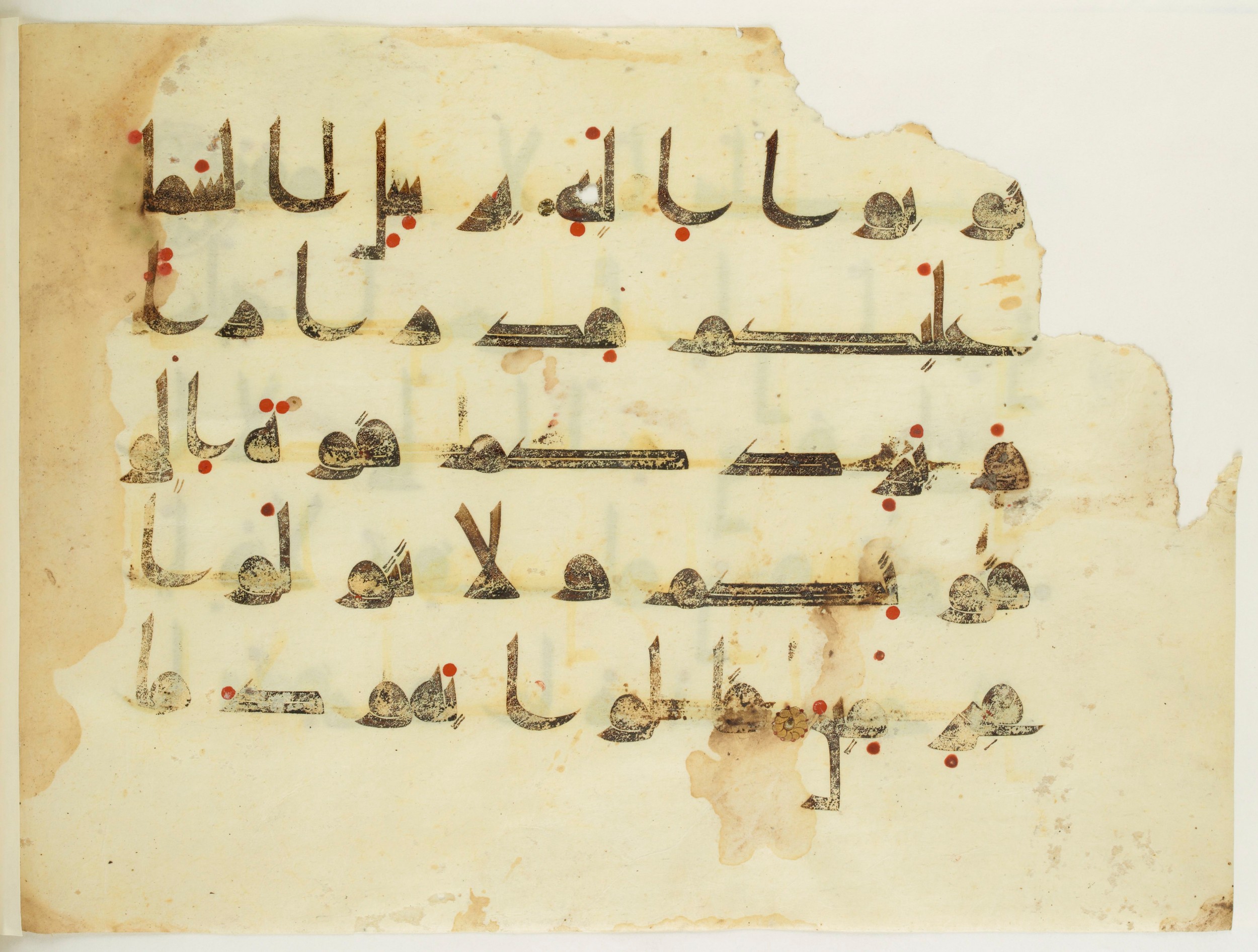 Paris, Bibliothèque nationale de France, Arabe 350 (a) (Scan 1), in Kūfī D.I script, showing Surah 11:53 from Mid 8th to Late 10th Century AD found in Fustat (Old Cairo), Egypt, currently housed at Bibliothèque nationale de France, Paris