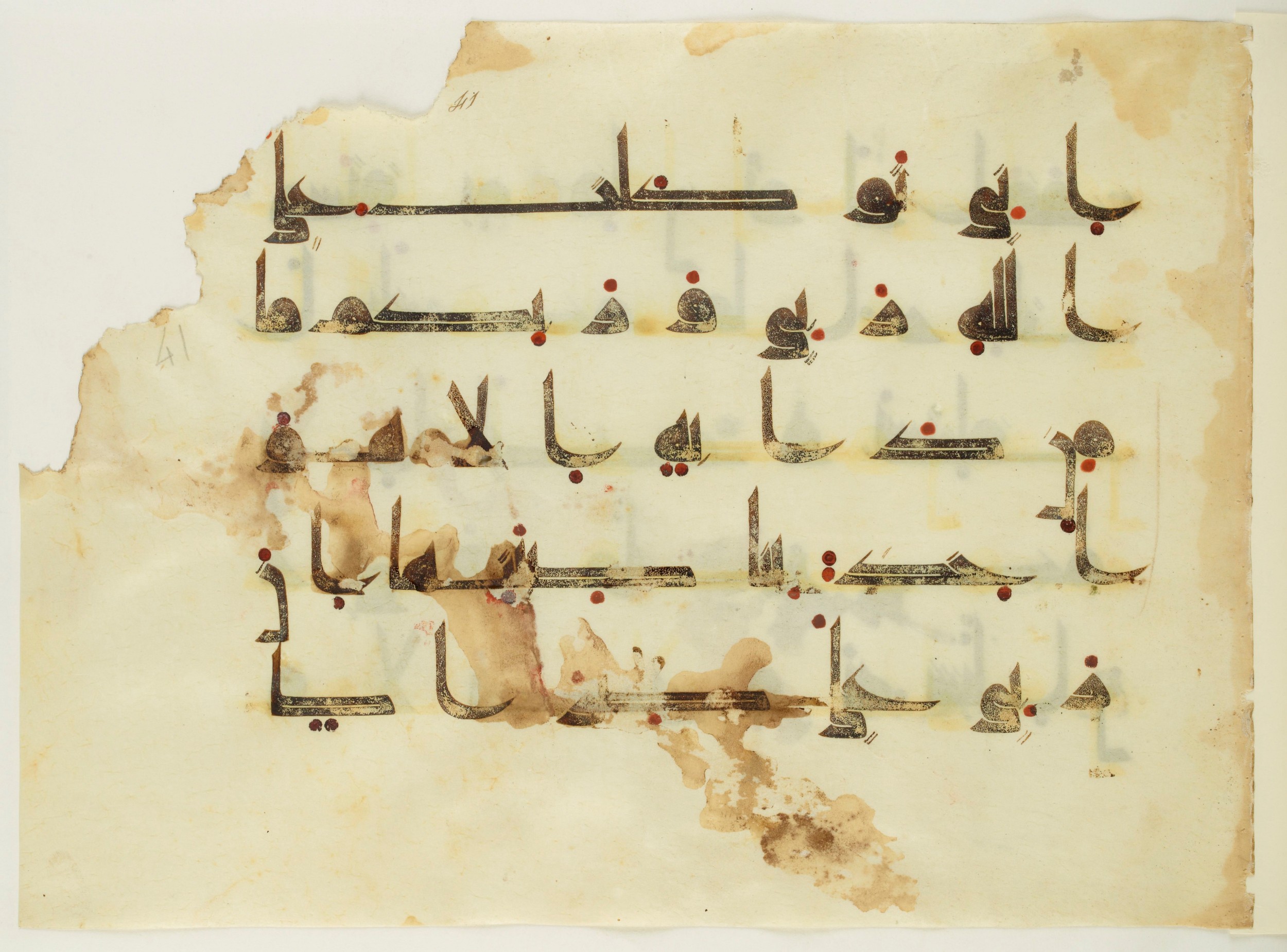 Paris, Bibliothèque nationale de France, Arabe 350 (a) (Scan 1), in Kūfī D.I script, showing Surah 11:56 from Mid 8th to Late 10th Century AD found in Fustat (Old Cairo), Egypt, currently housed at Bibliothèque nationale de France, Paris