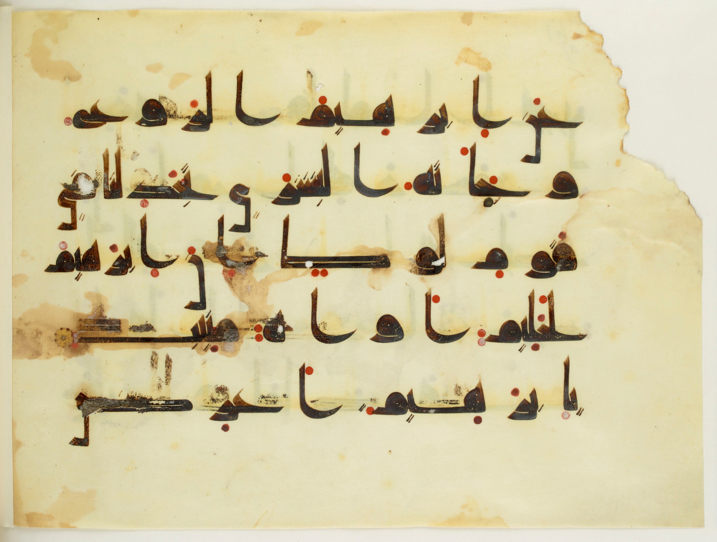 Paris, Bibliothèque nationale de France, Arabe 350 (a) (Scan 1), in Kūfī D.I script, showing Surah 11:76 from Mid 8th to Late 10th Century AD found in Fustat (Old Cairo), Egypt, currently housed at Bibliothèque nationale de France, Paris