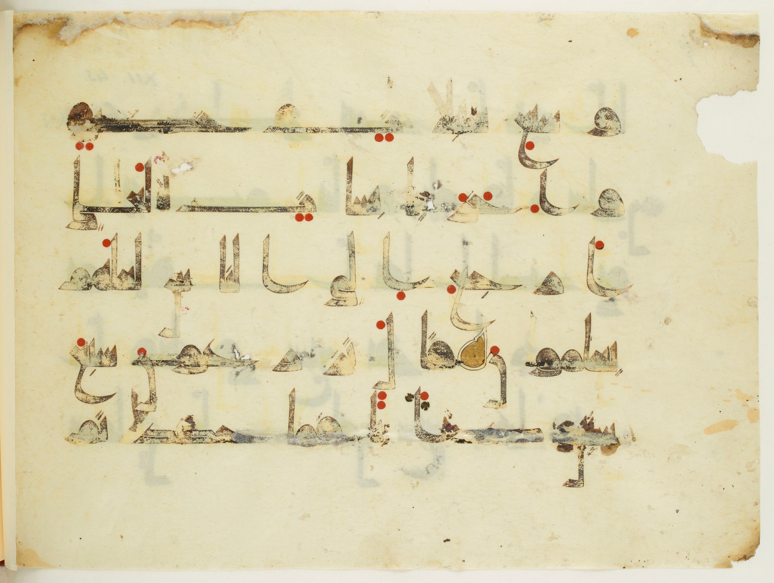 Paris, Bibliothèque nationale de France, Arabe 350 (a) (Scan 1), in Kūfī D.I script, showing Surah 12:47 from Mid 8th to Late 10th Century AD found in Fustat (Old Cairo), Egypt, currently housed at Bibliothèque nationale de France, Paris