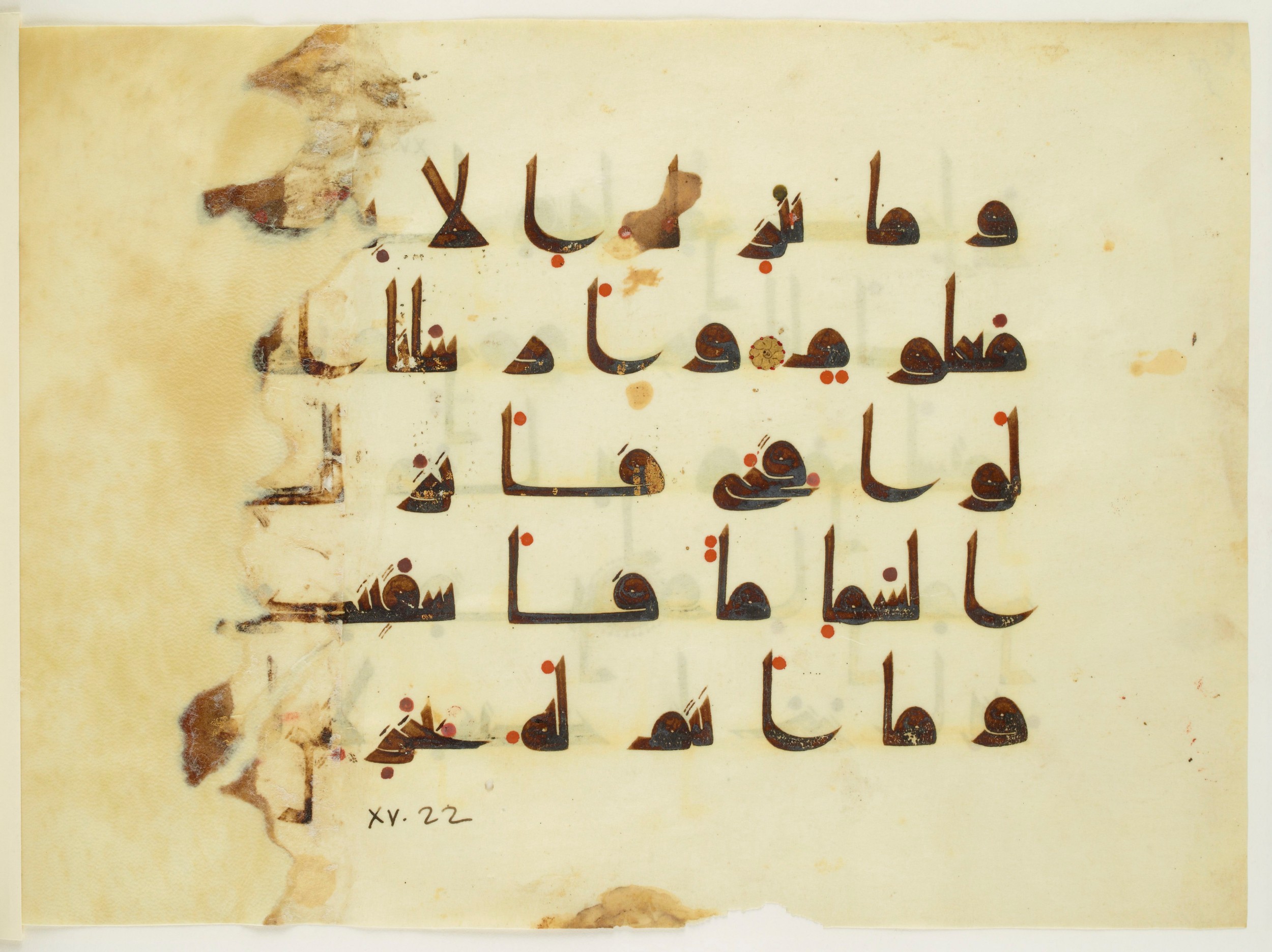 Paris, Bibliothèque nationale de France, Arabe 350 (a), in Kūfī D.I script, showing Surah 15:22 from Mid 8th to Late 10th Century AD found in Fustat (Old Cairo), Egypt, currently housed at Bibliothèque nationale de France, Paris