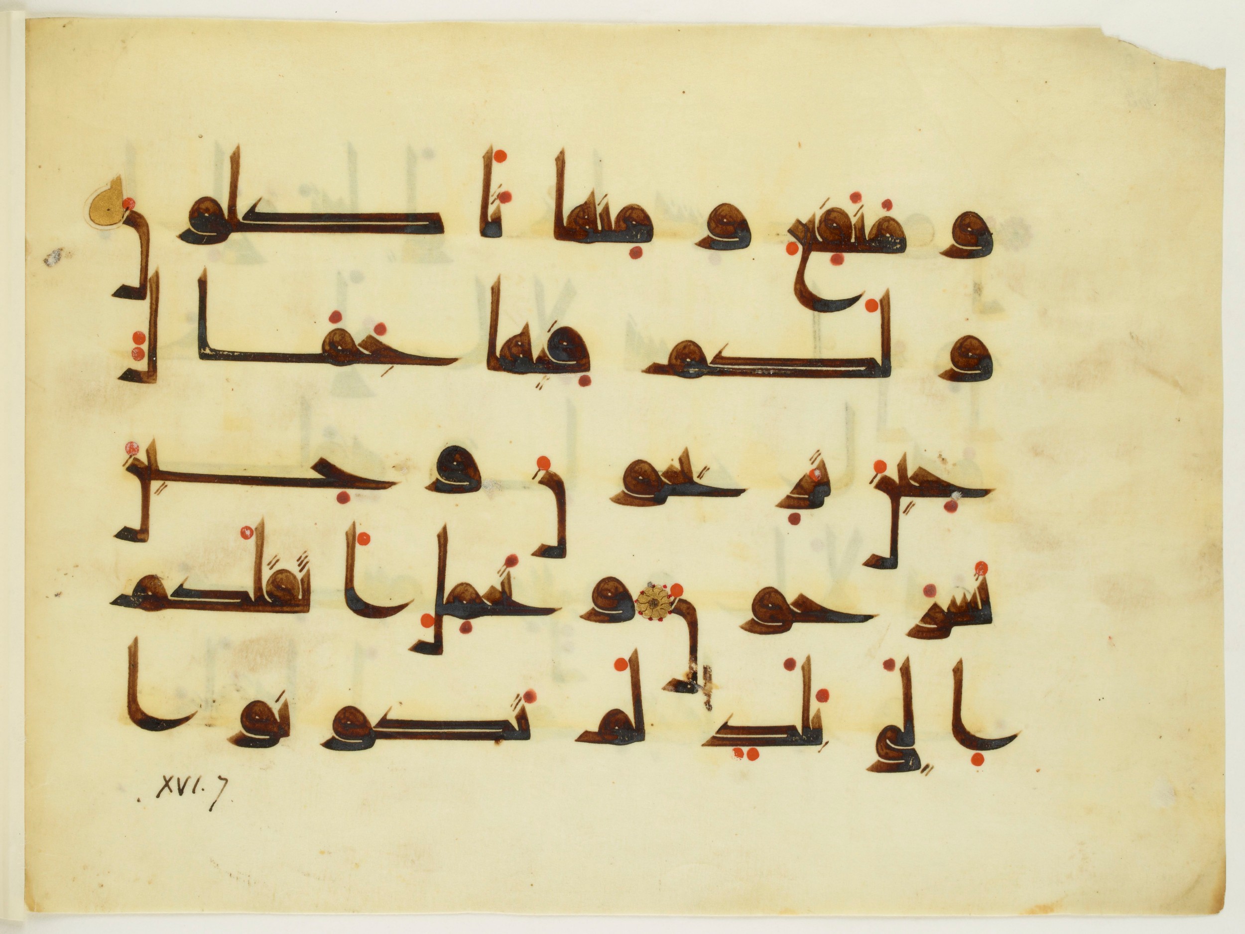 Paris, Bibliothèque nationale de France, Arabe 350 (a), in Kūfī D.I script, showing Surah 16:6 from Mid 8th to Late 10th Century AD found in Fustat (Old Cairo), Egypt, currently housed at Bibliothèque nationale de France, Paris