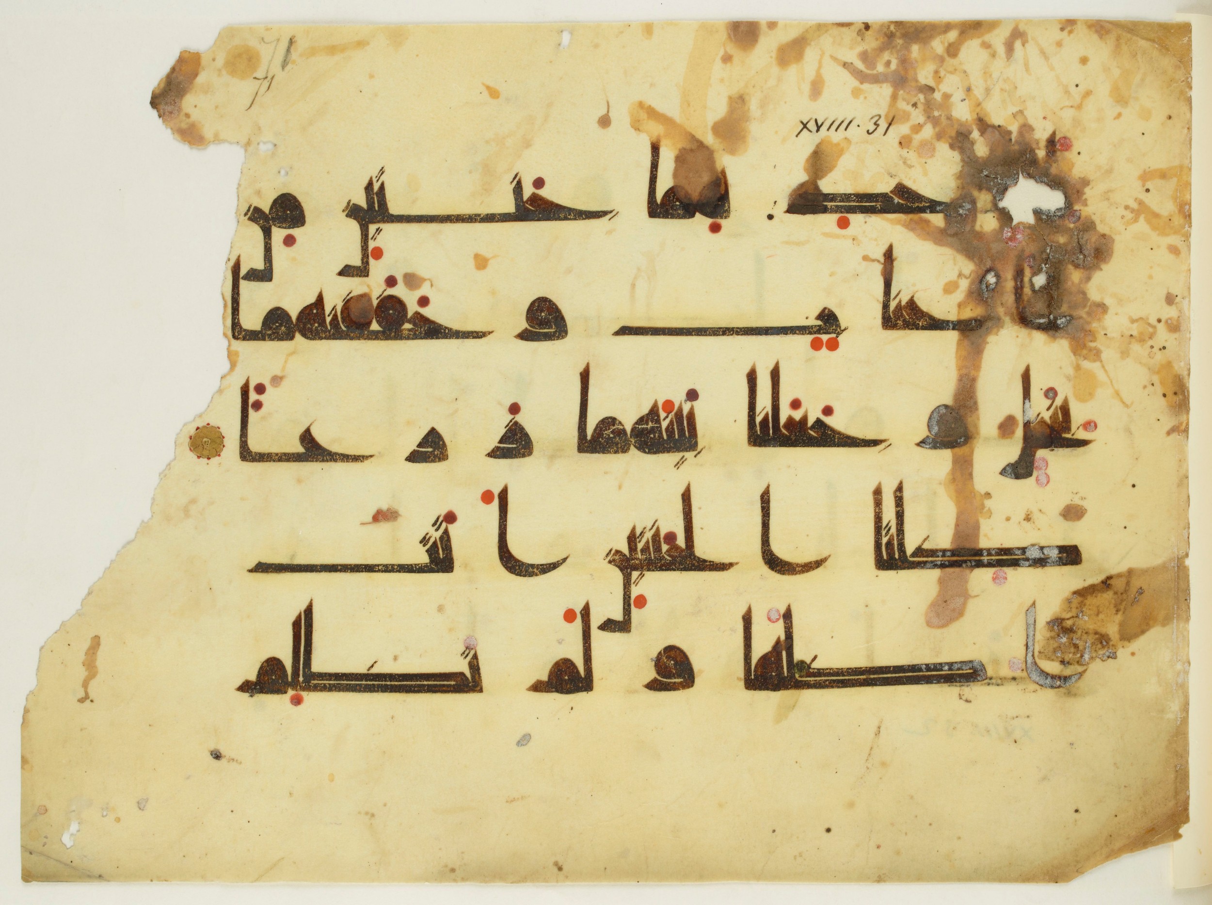 Paris, Bibliothèque nationale de France, Arabe 350 (a), in Kūfī D.I script, showing Surah 18:32 from Mid 8th to Late 10th Century AD found in Fustat (Old Cairo), Egypt, currently housed at Bibliothèque nationale de France, Paris