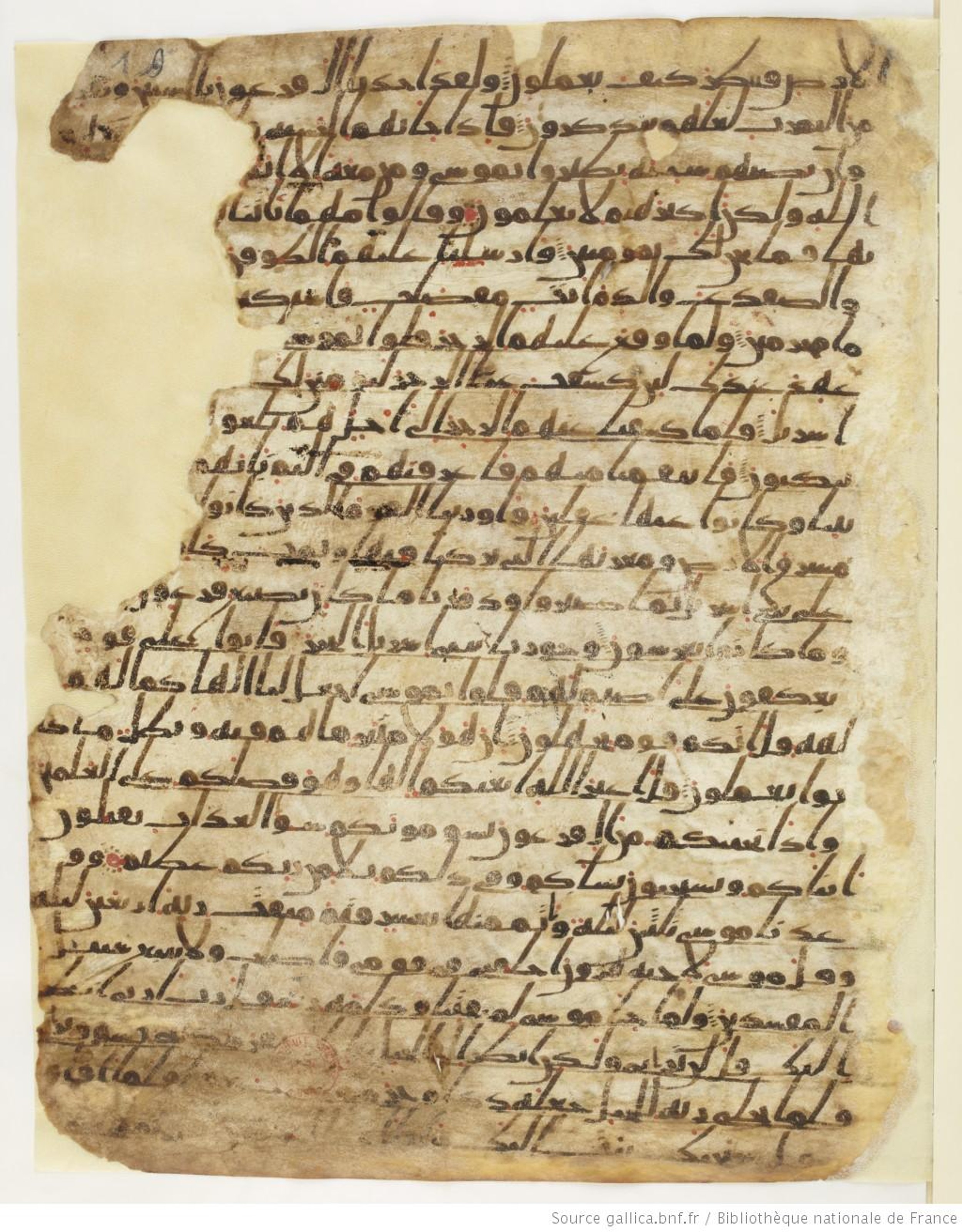 Paris, Bibliothèque nationale de France, Arabe 6140 (a) (Scan 1), in Ḥiǧāzī I script, showing Surah 7:136 from Mid 7th to Mid 8th Century AD found in Damascus, Syria, currently housed at Bibliothèque nationale de France, Paris