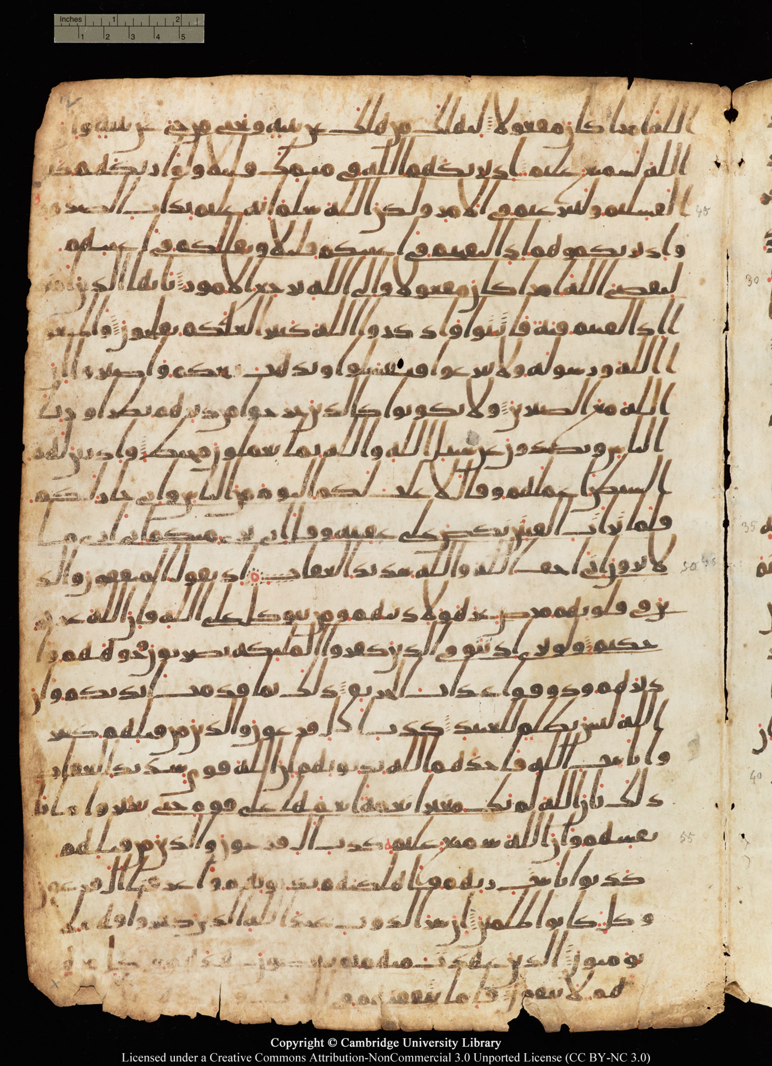 Paris, Bibliothèque nationale de France, Arabe 6140 (a), in Ḥiǧāzī I script, showing Surah 8:49 from Mid 7th to Mid 8th Century AD found in Damascus, Syria, currently housed at Bibliothèque nationale de France, Paris