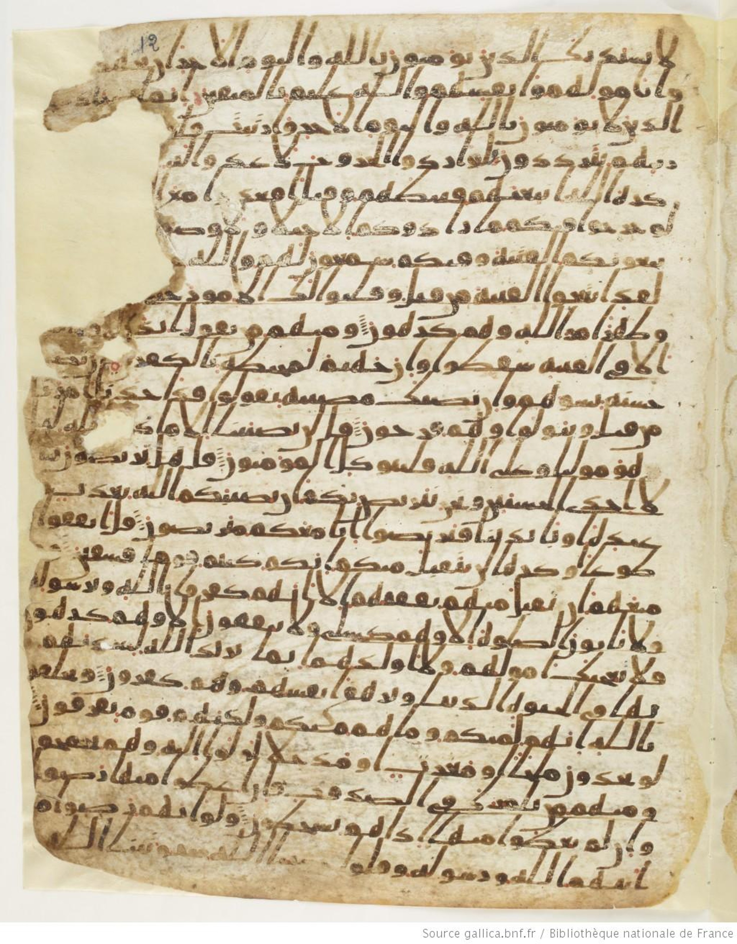 Paris, Bibliothèque nationale de France, Arabe 6140 (a) (Scan 1), in Ḥiǧāzī I script, showing Surah 9:49 from Mid 7th to Mid 8th Century AD found in Damascus, Syria, currently housed at Bibliothèque nationale de France, Paris