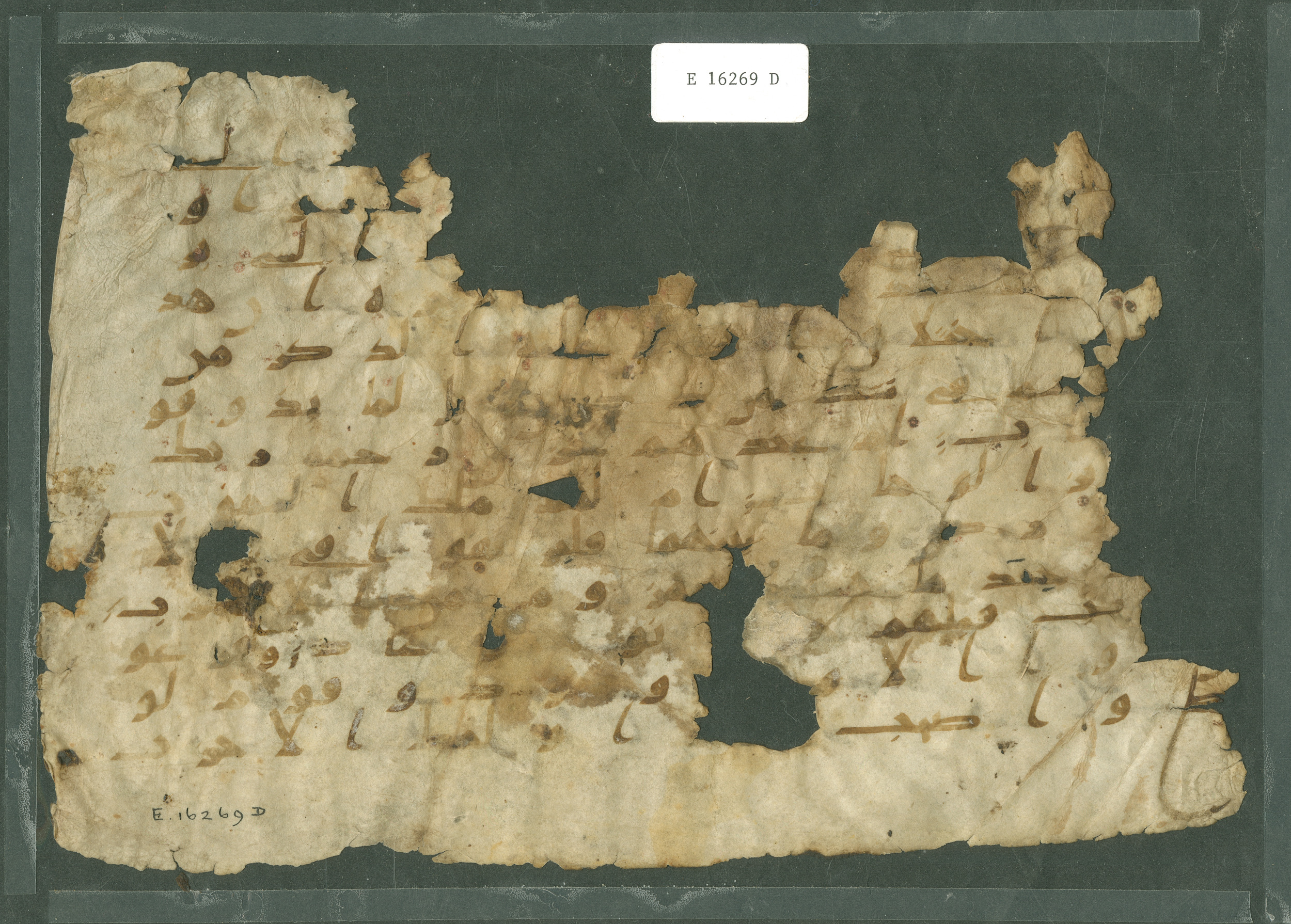 E 16269 D (Scan 1), in Ḥiǧāzī I script, showing Surah 38:13 from Mid to Late 7th Century AD found in Fustat (Old Cairo), Egypt, currently housed at Pennsylvania University Museum, Philadelphia, Pennsylvania